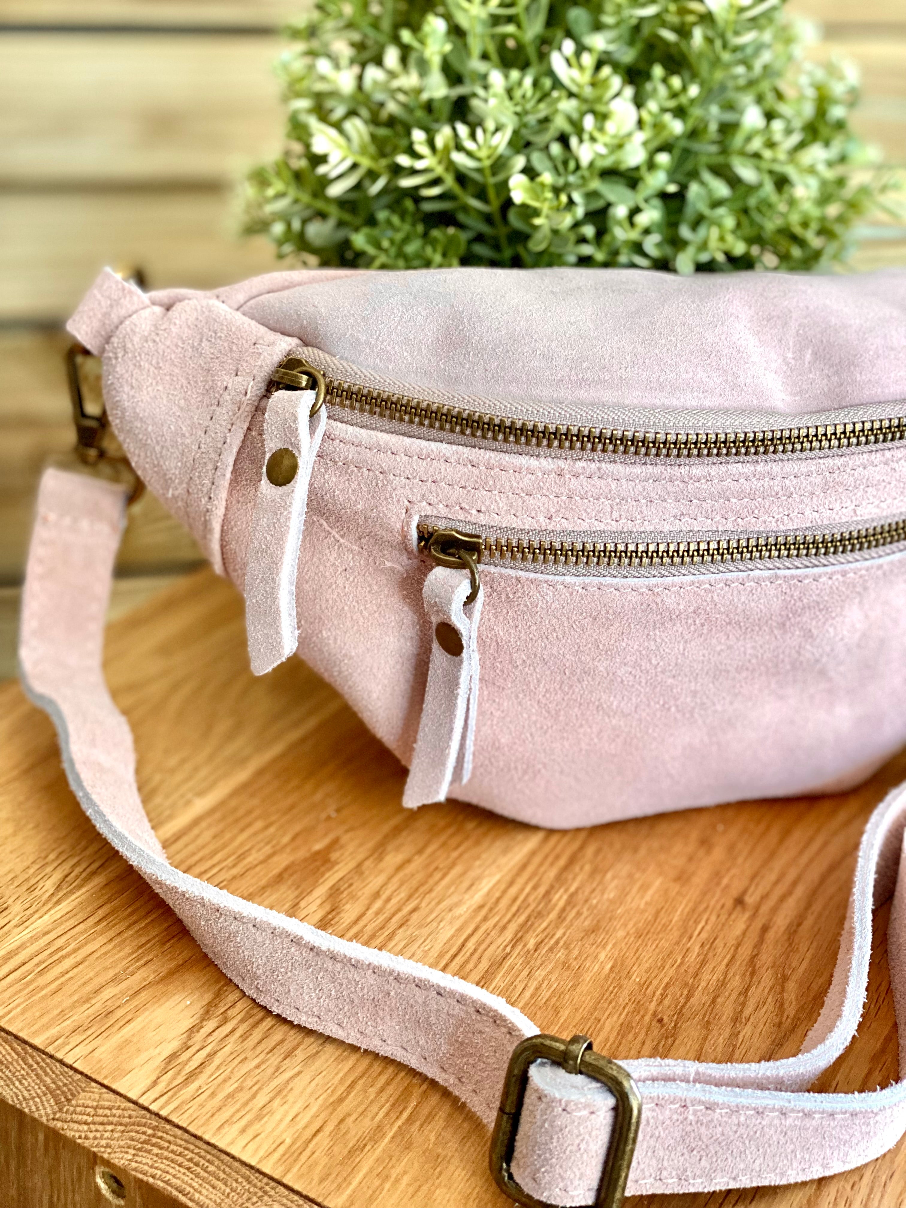 Sac banane double poche en cuir daim - OPALINE - Rose clair / Vieux rose (14 coloris)