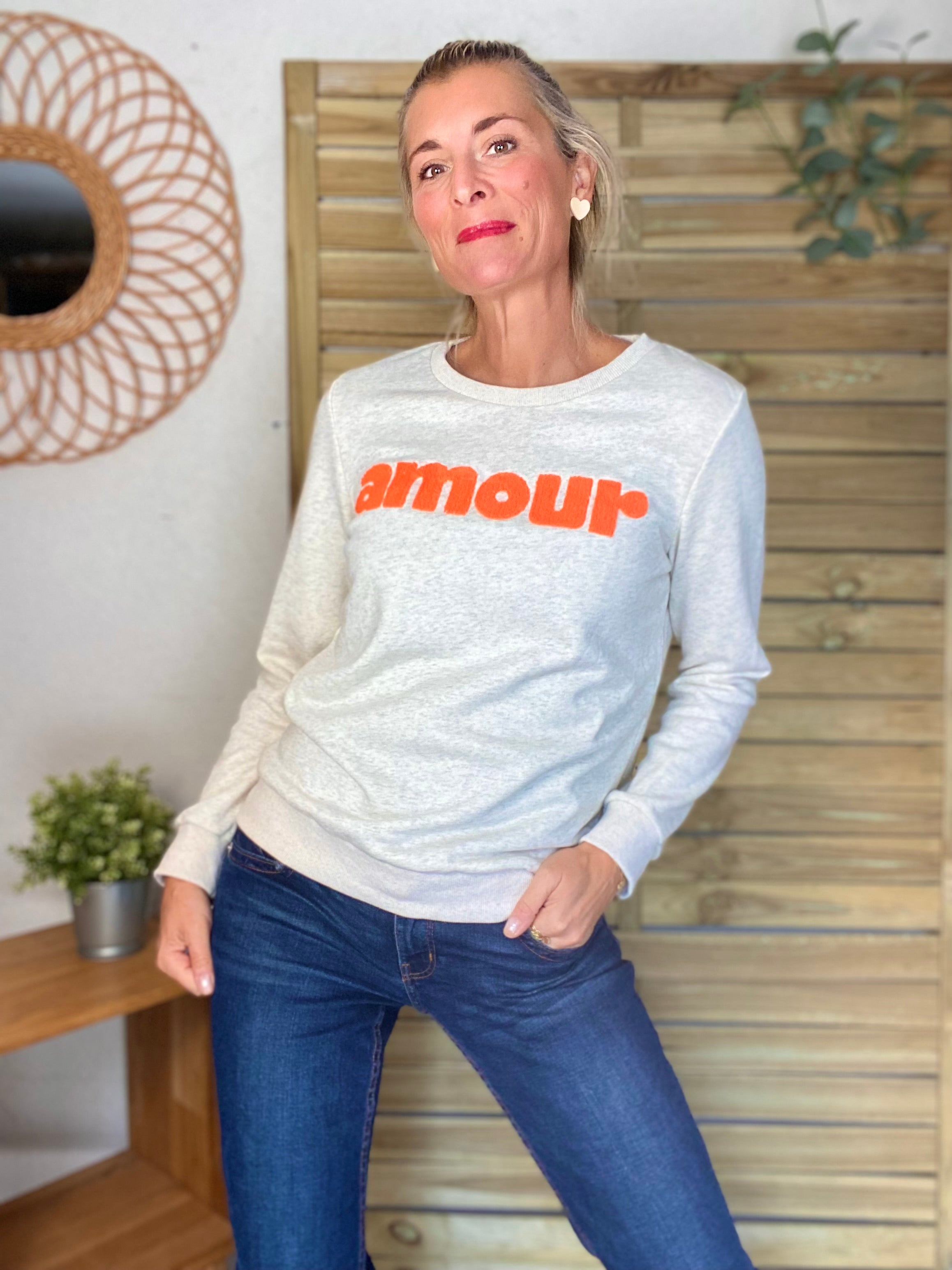 Sweat amour DORIA - Beige chiné / Orange