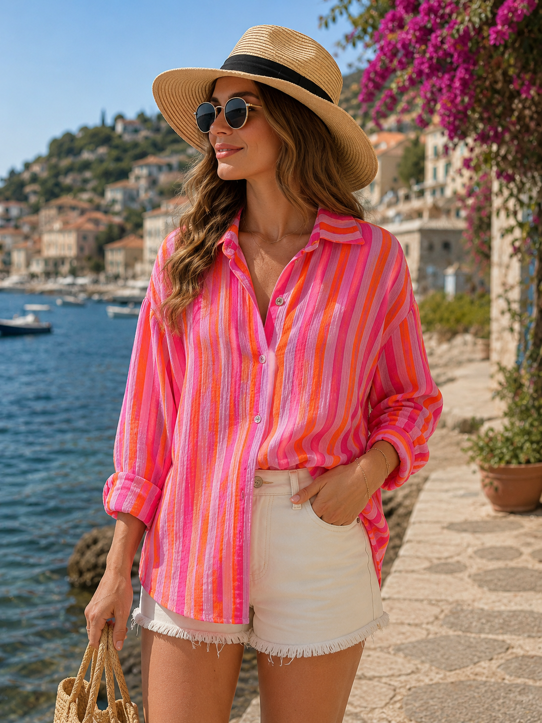 Chemise en gaze de coton rayée FÉLICIE Fluo Parme