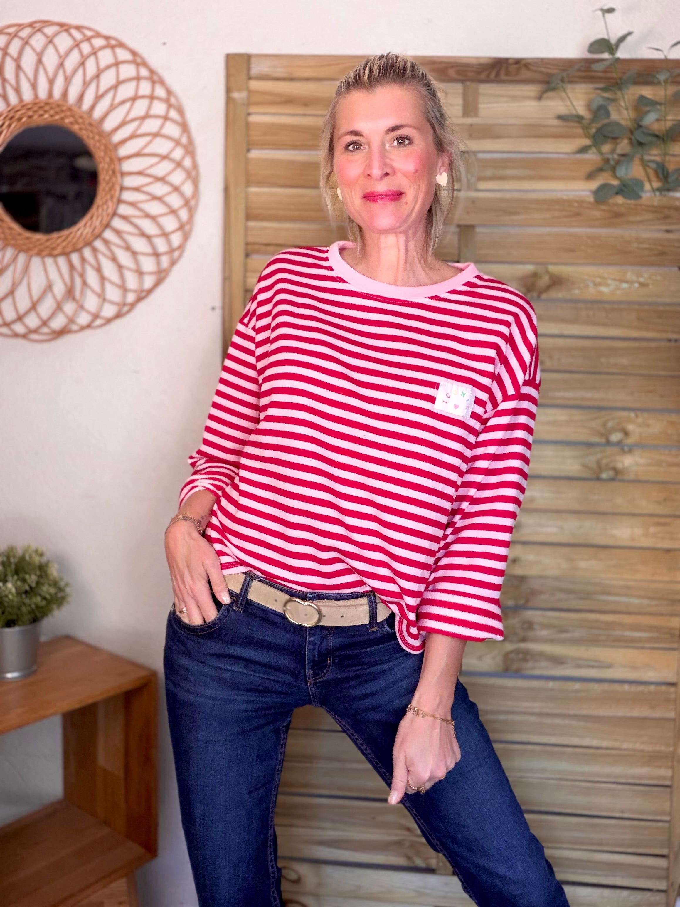 Sweat fin rayé ample Iconic CORALIE - Rouge / Rose