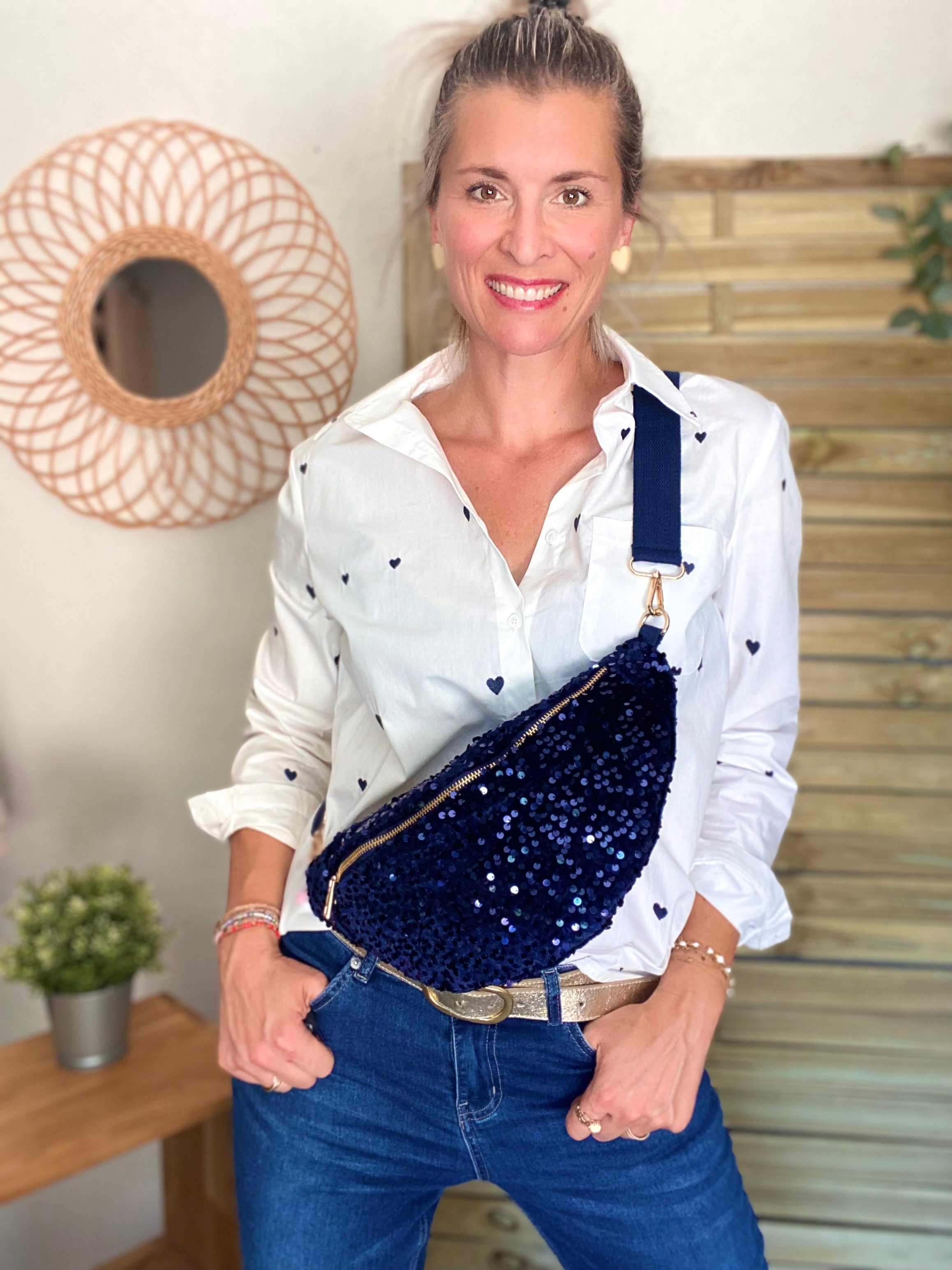 Sac banane L velours à sequins Ciao Boum - TAYLOR - Bleu marine