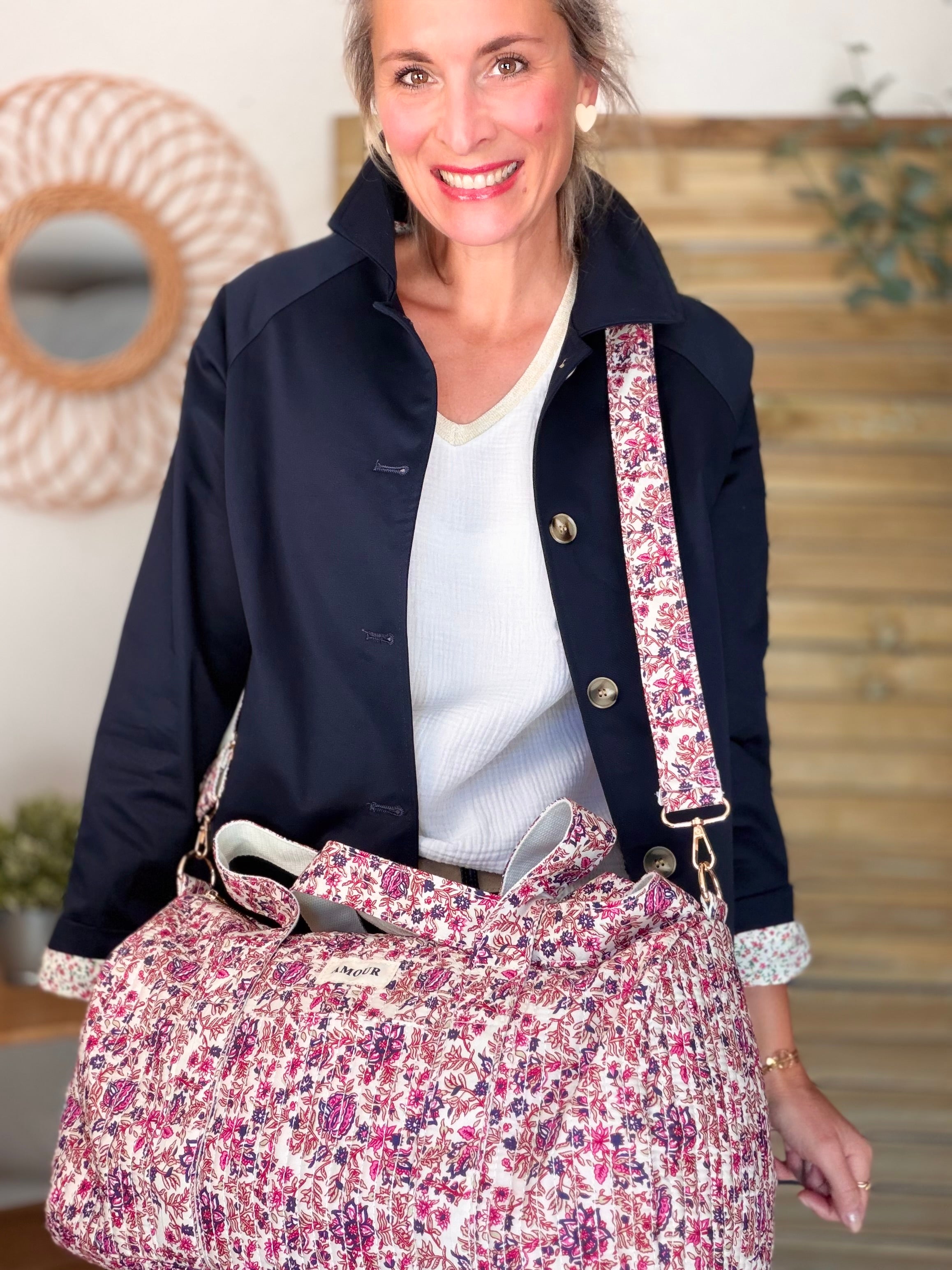 Sac polochon imprimé NOA - Fleuri rose / bleu