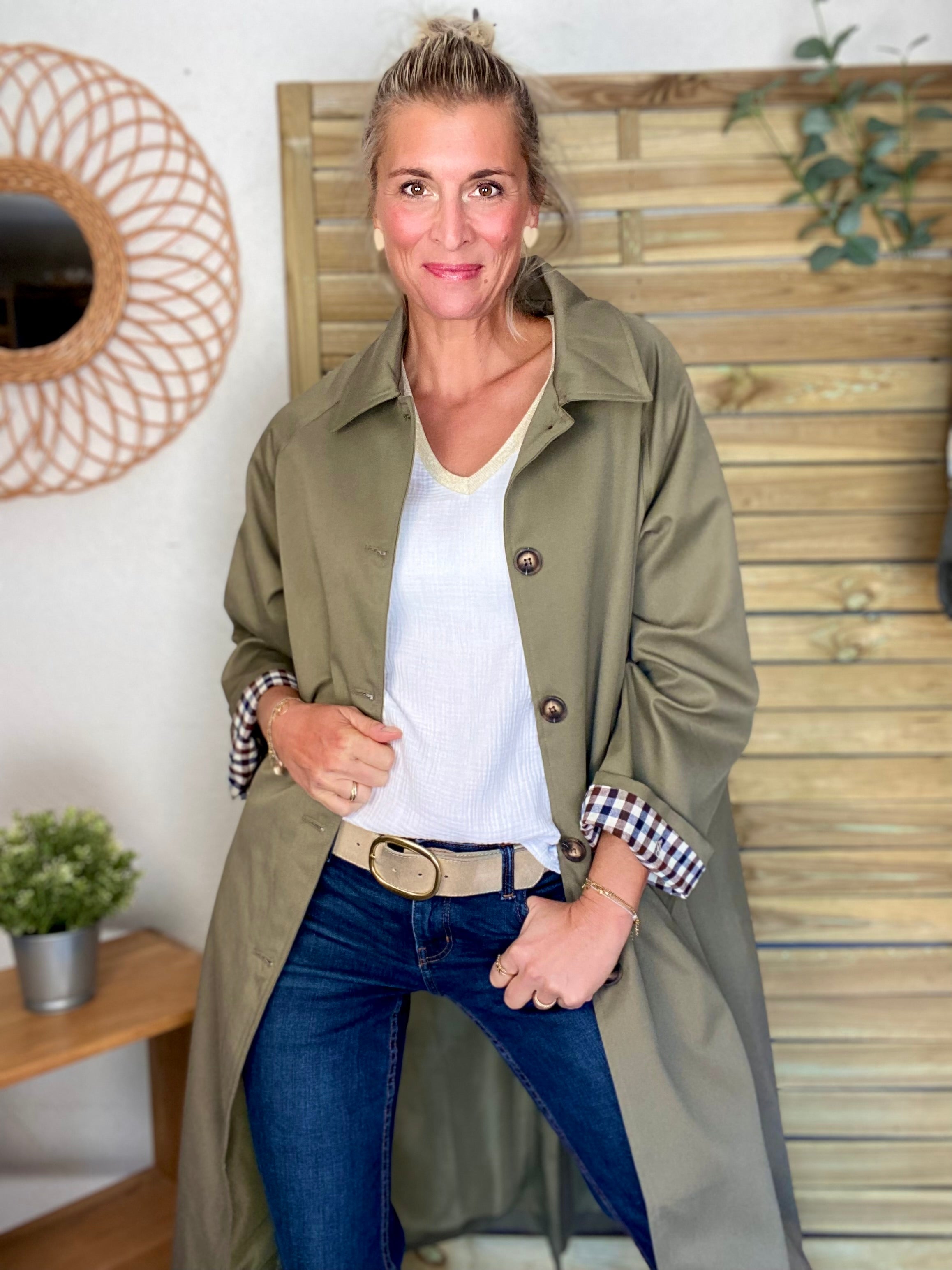 Veste Trench en coton avec vichy - YSEULT long Kaki
