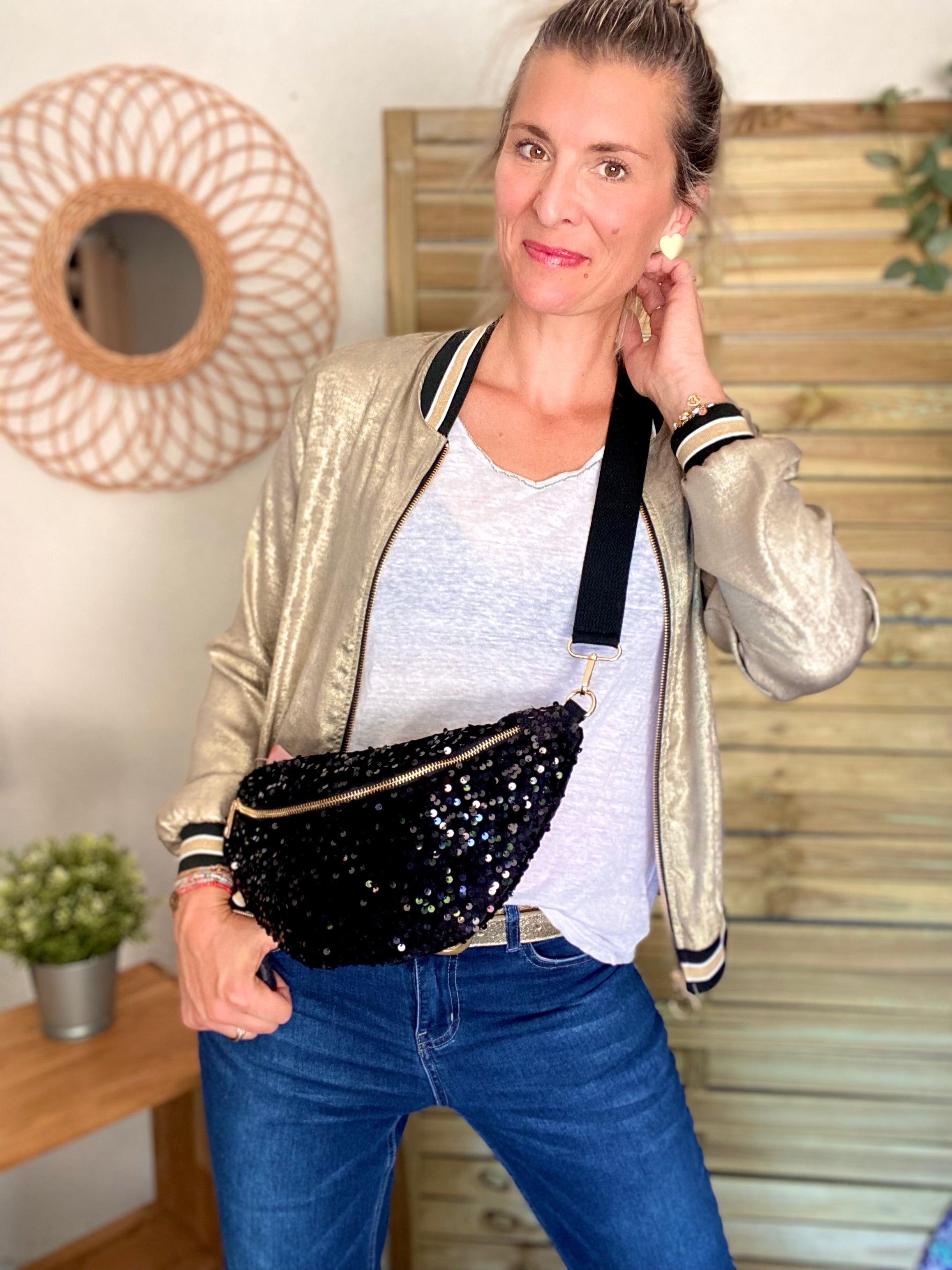 Sac banane L velours à sequins Ciao Boum- TAYLOR - Noir