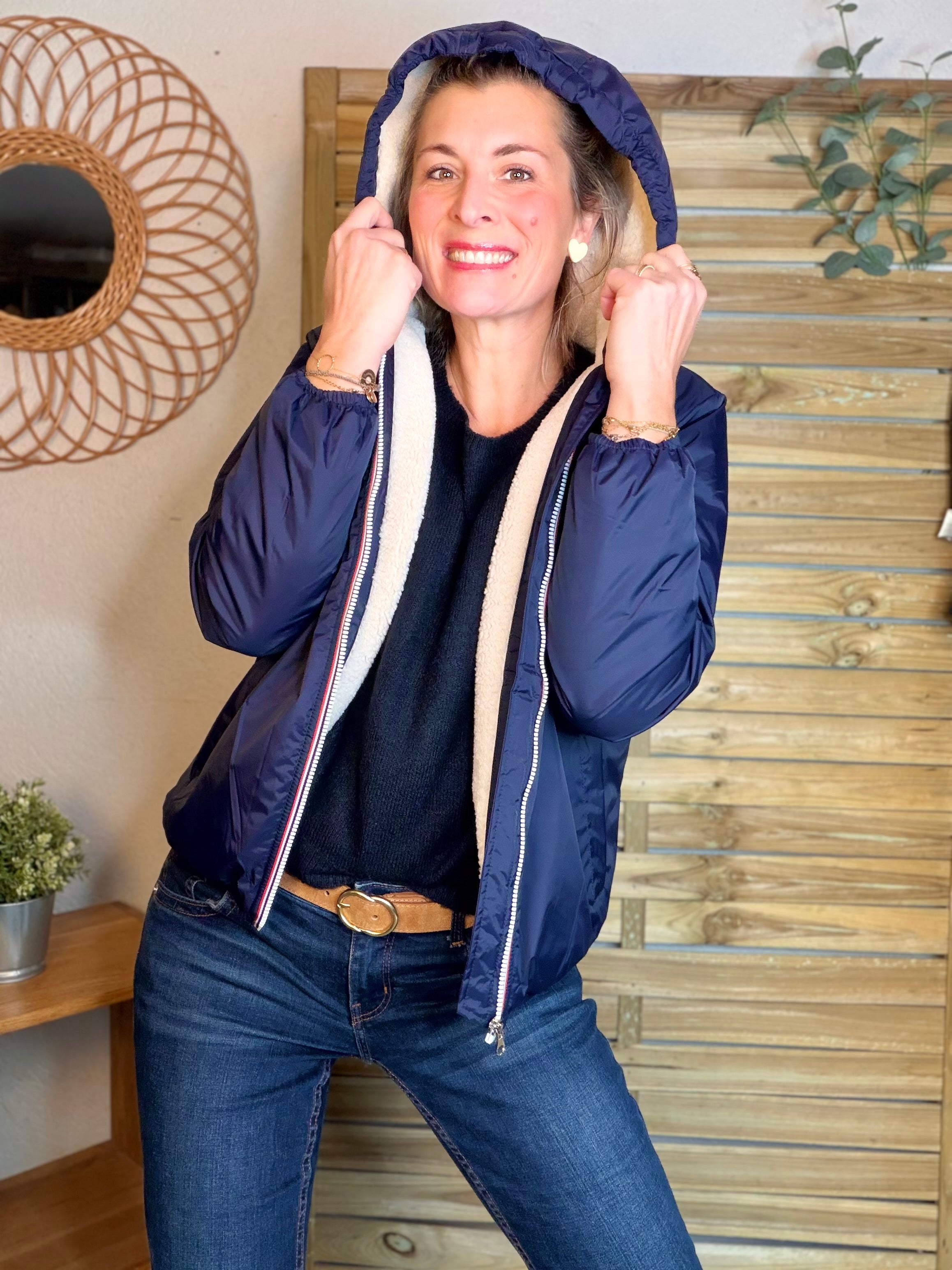 Parka Imperméable LOUISE COURT sherpa - Bleu marine - LAURA JO (DÉSTOCKAGE Taille L)