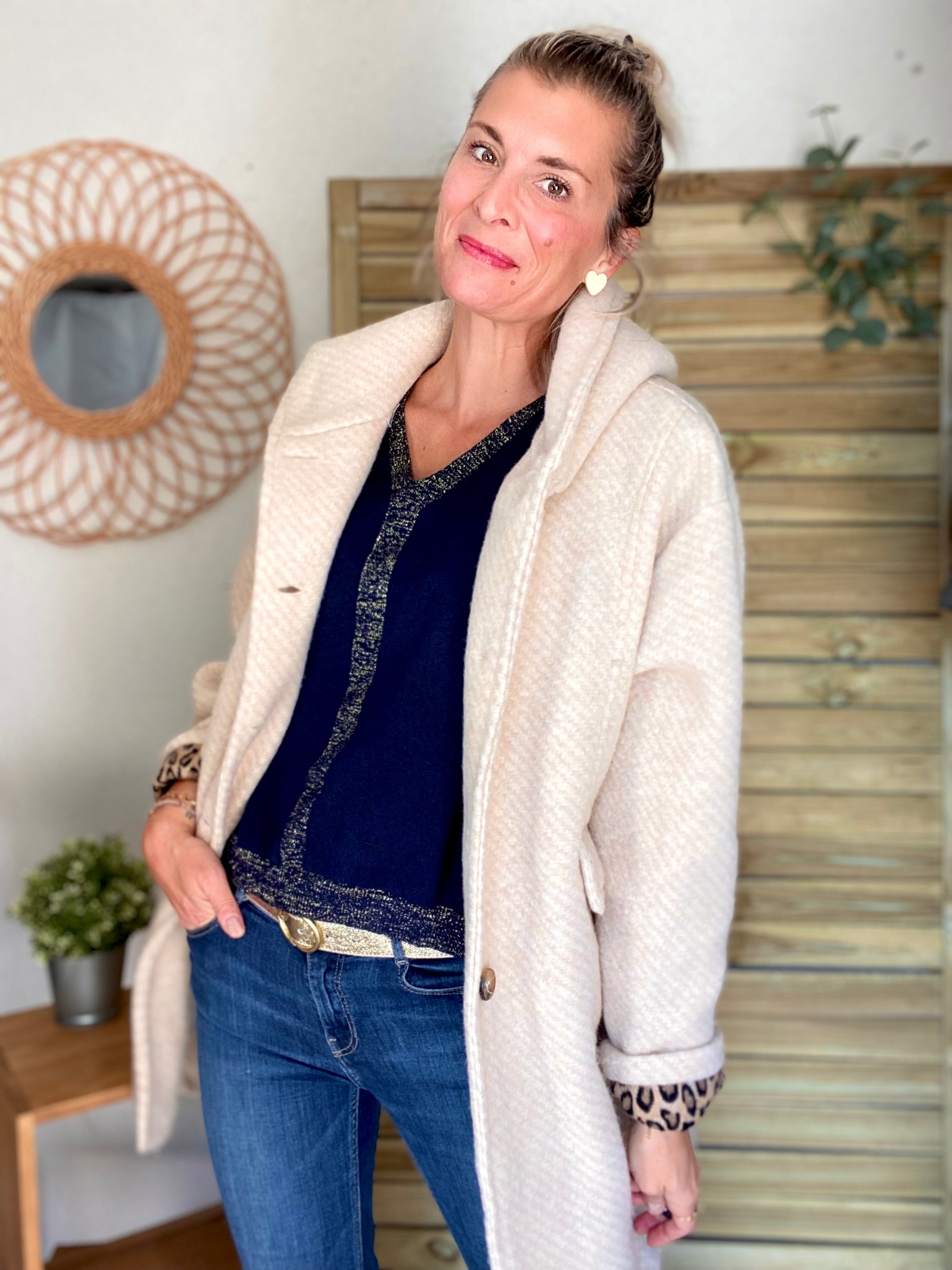 Manteau laine AGATHE avec détails Léo (étoile capuche) - Beige