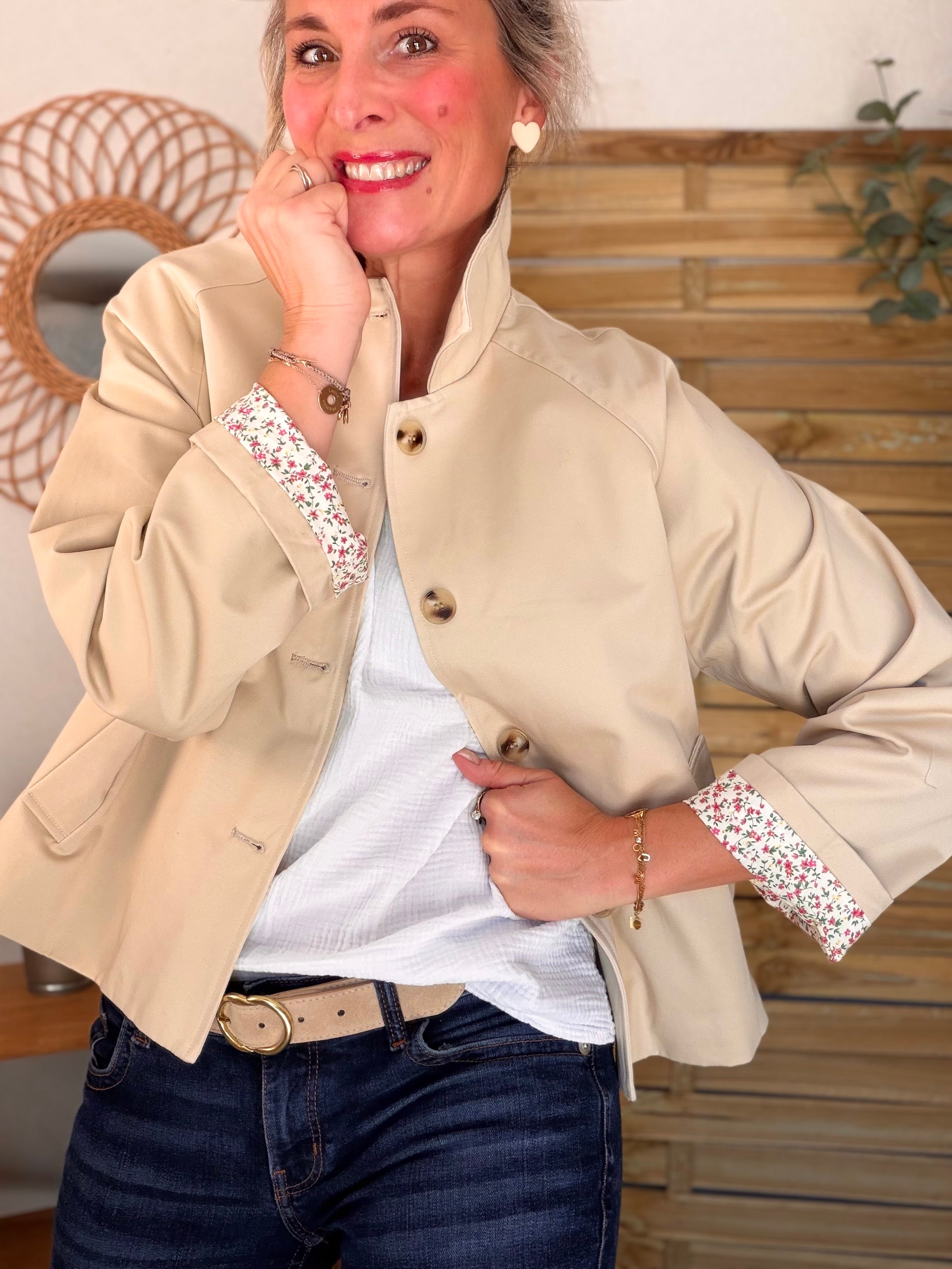 Veste Trench en coton avec Liberty - JOHAN Beige