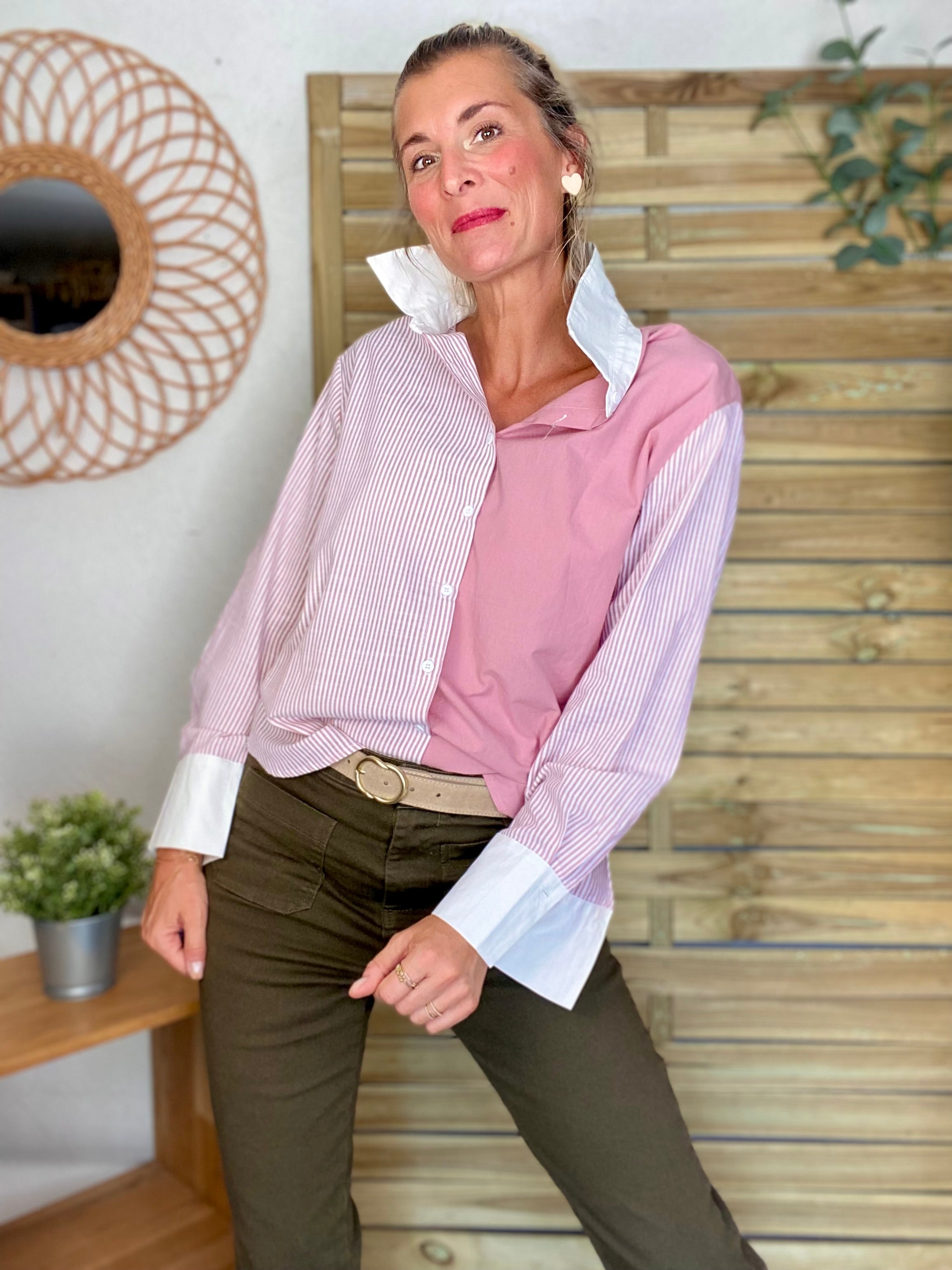 Chemise en coton rayée et uni JULIETTE - Rose