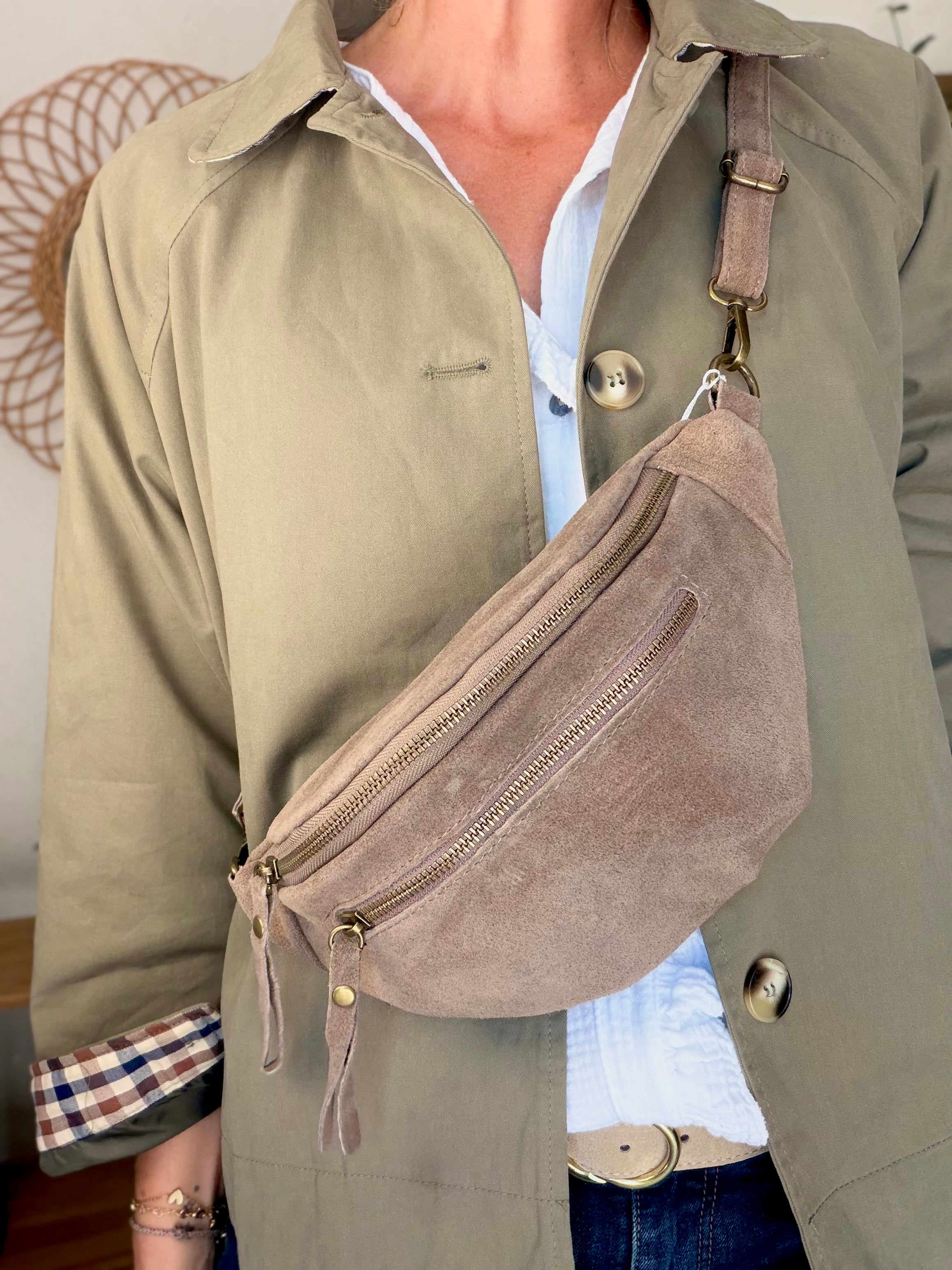 Sac banane double poche en cuir daim - OPALINE - Taupe