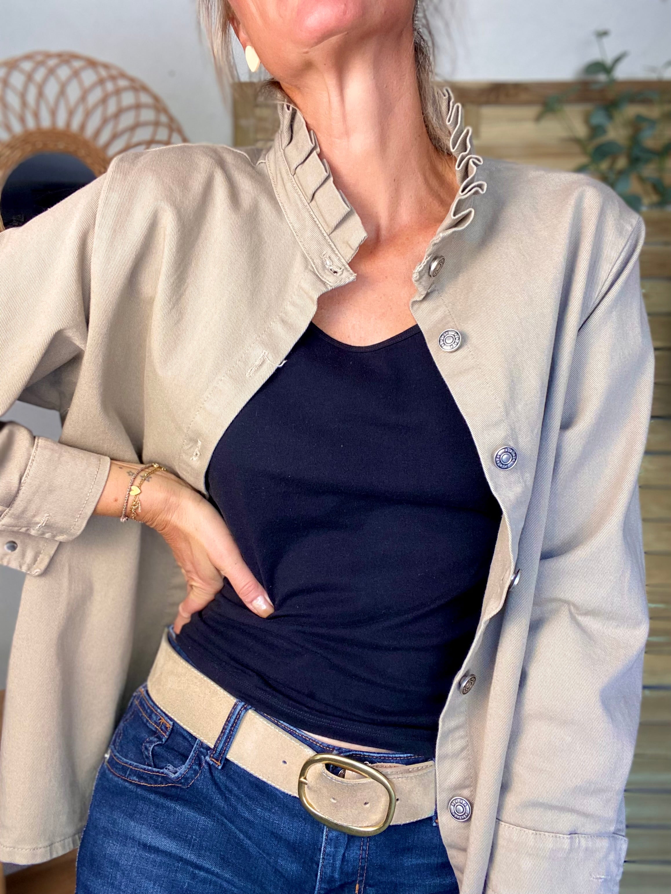 Veste / Chemise en coton, col victorien volanté Beige taupe LISON