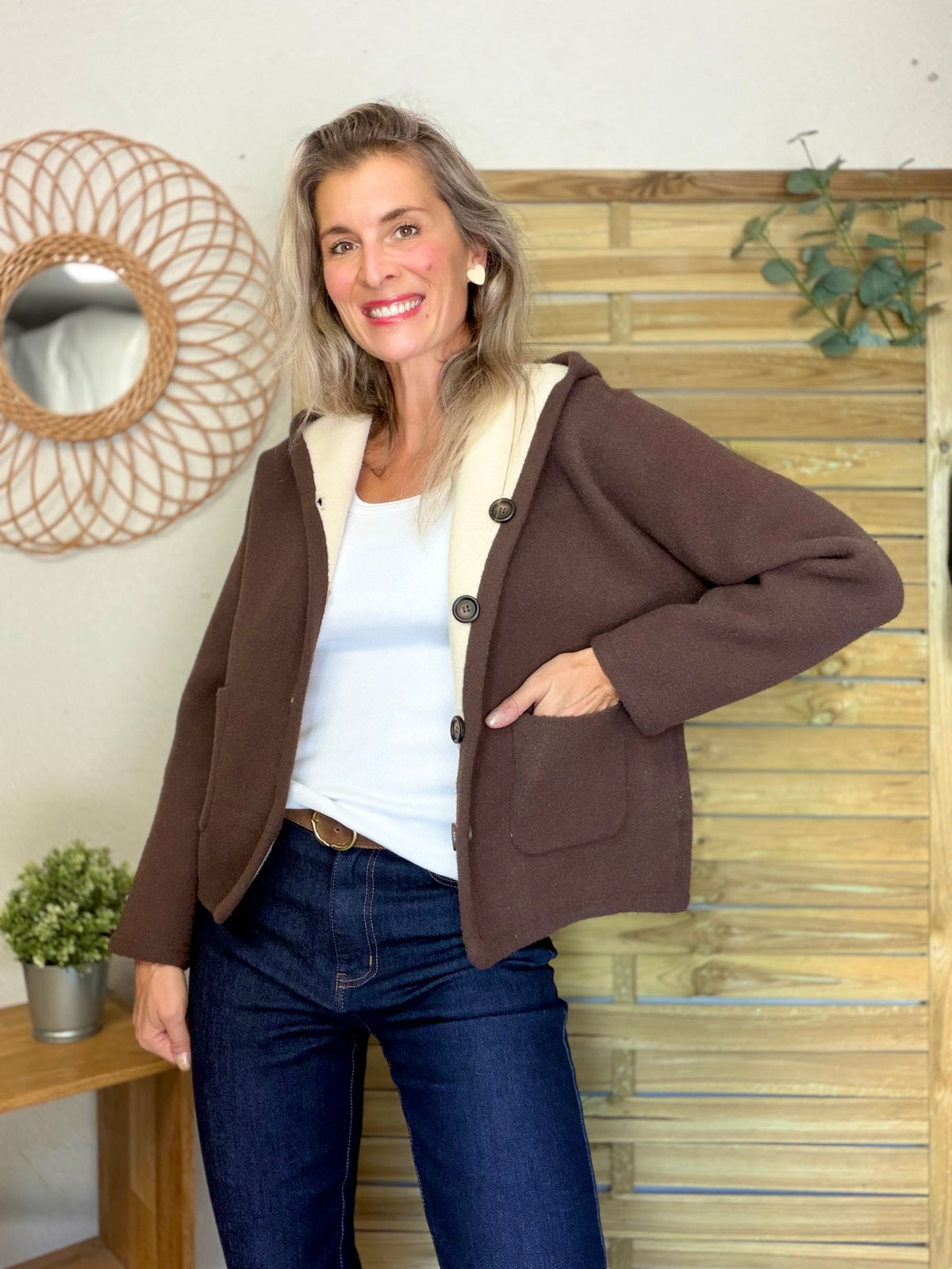 Veste / Gilet chaud réversible avec capuche ORIANE Choco / Beige