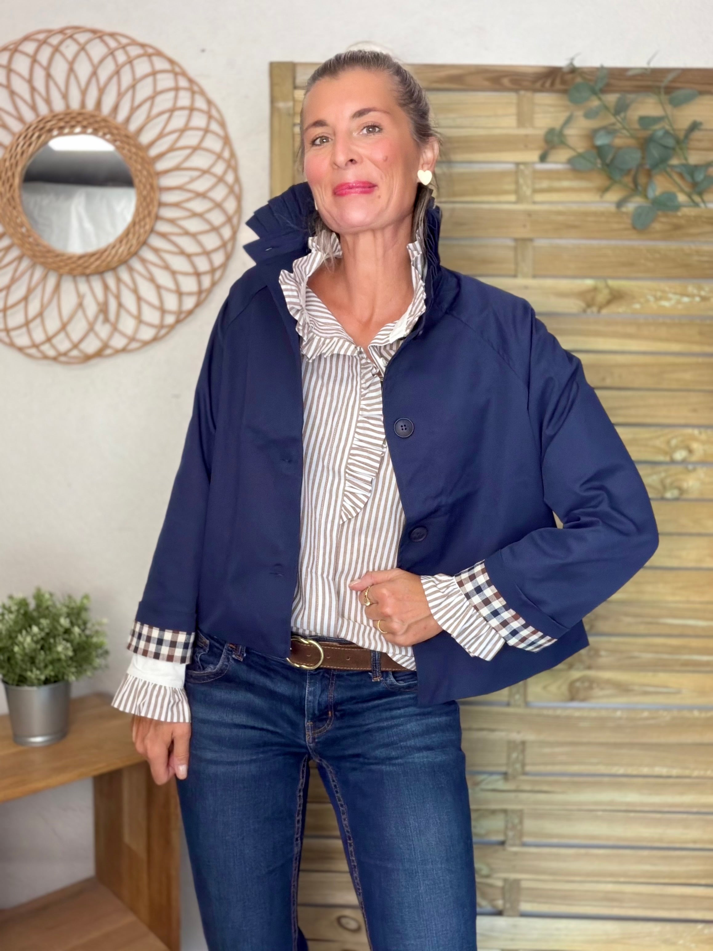 Veste Trench col victorien, revers carreaux - VICKY Bleu marine