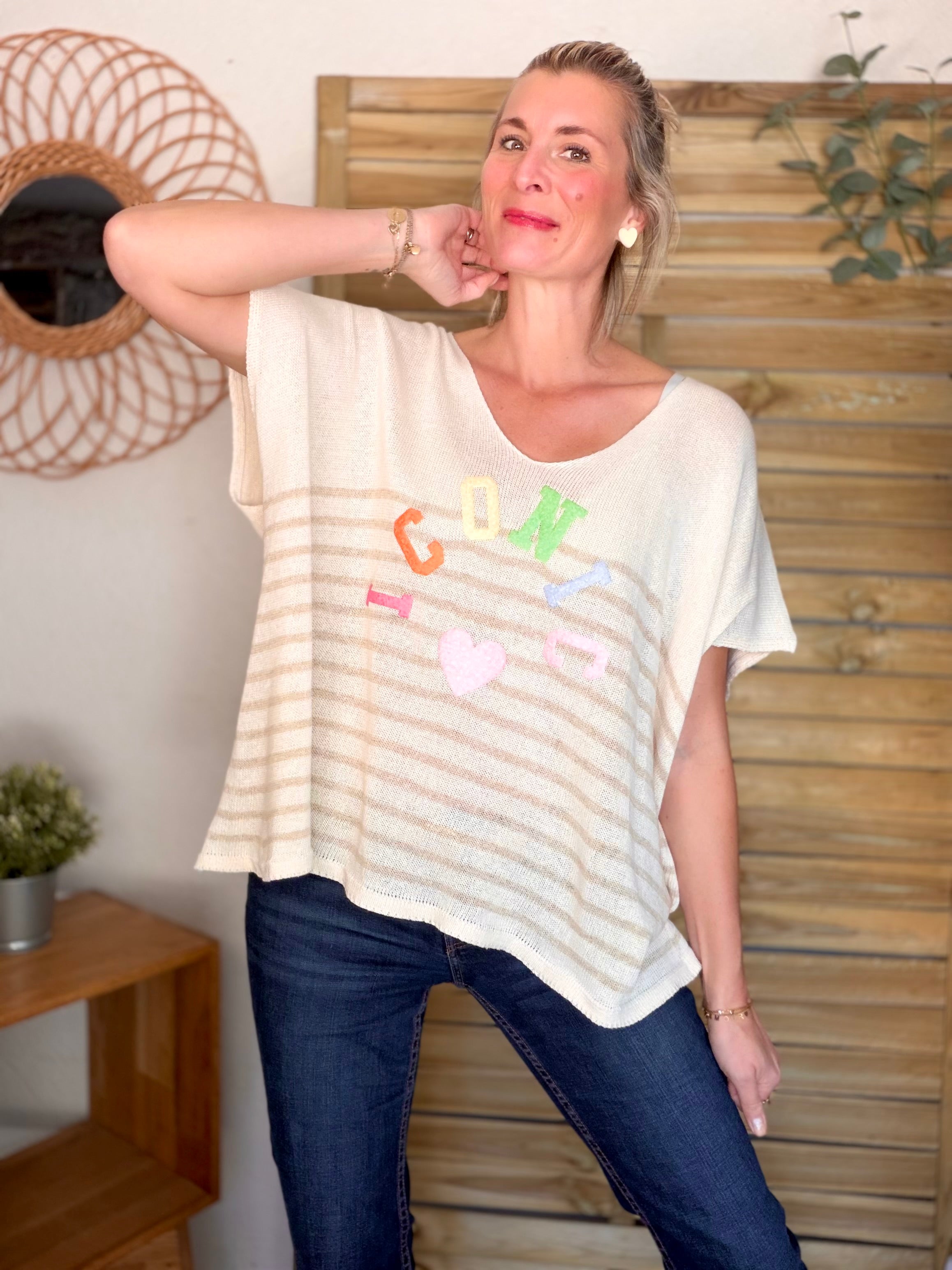 Top col V en maille rayé oversized ICONIC ANISSA Beige