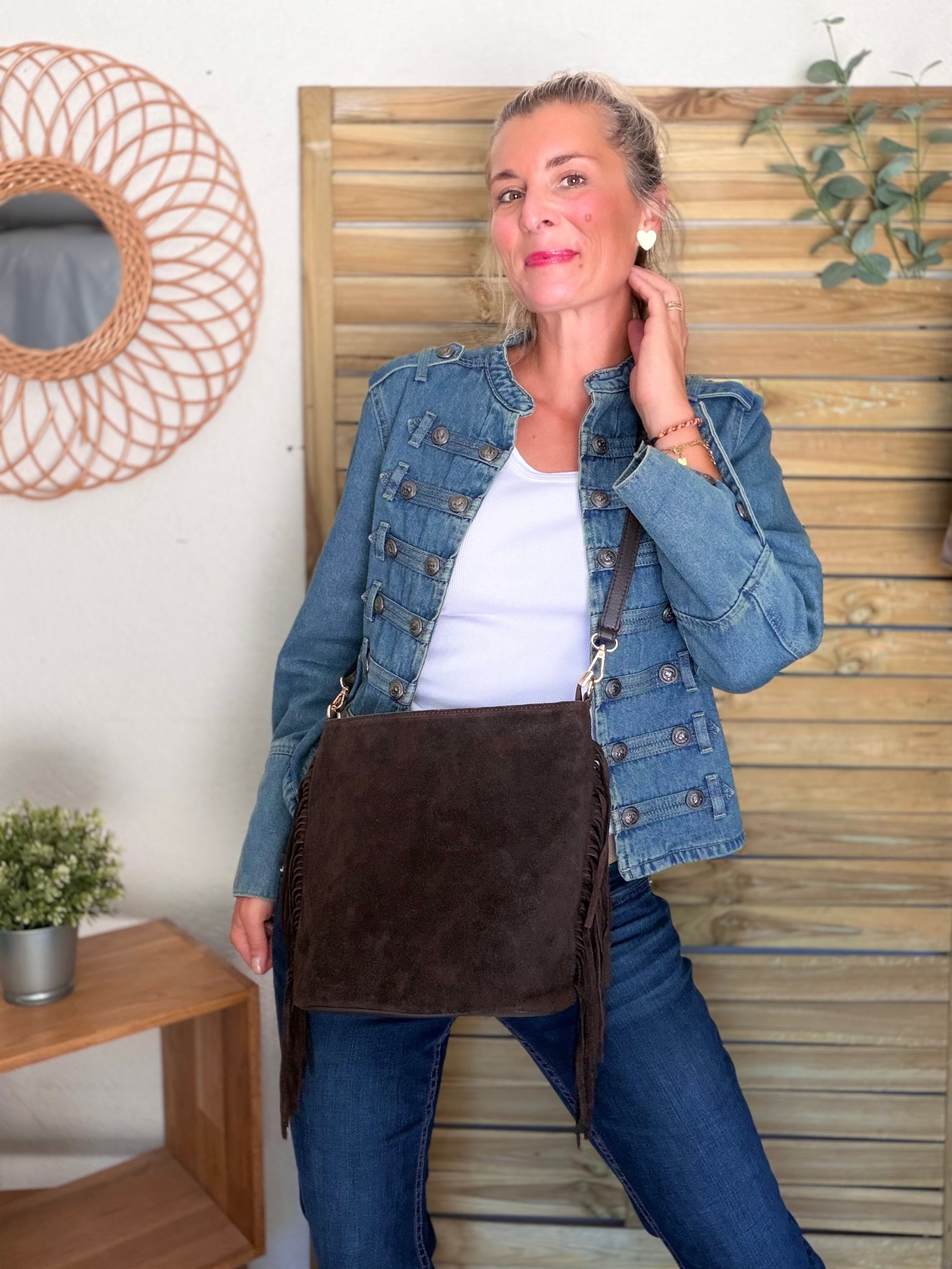 Sac seau en cuir daim avec franges KYLIE - Chocolat