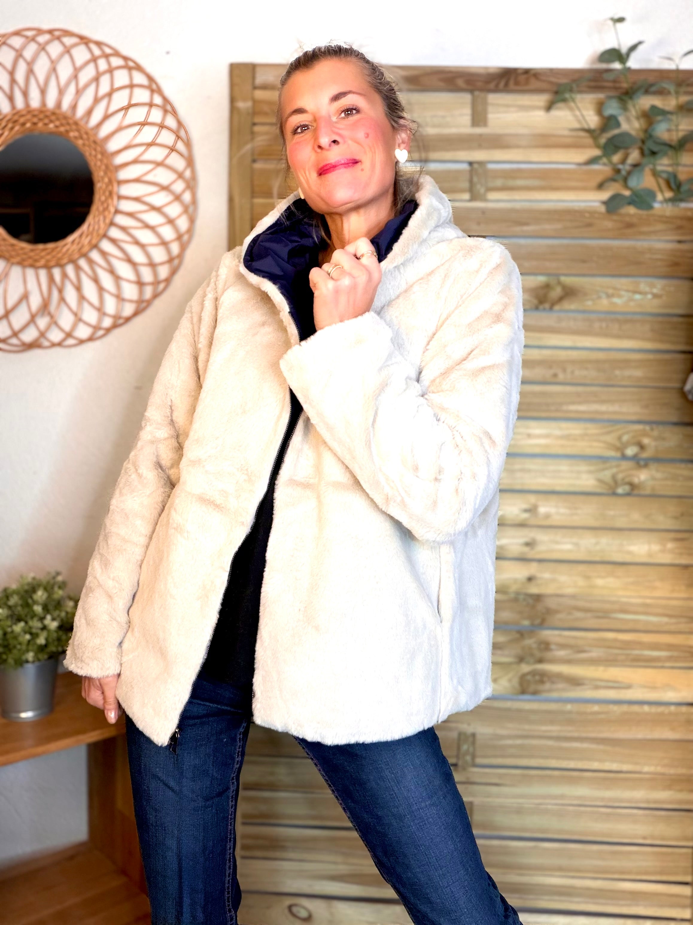 Parka Imperméable réversible fourrée Marine / Beige ALIX Court - LAURA JO