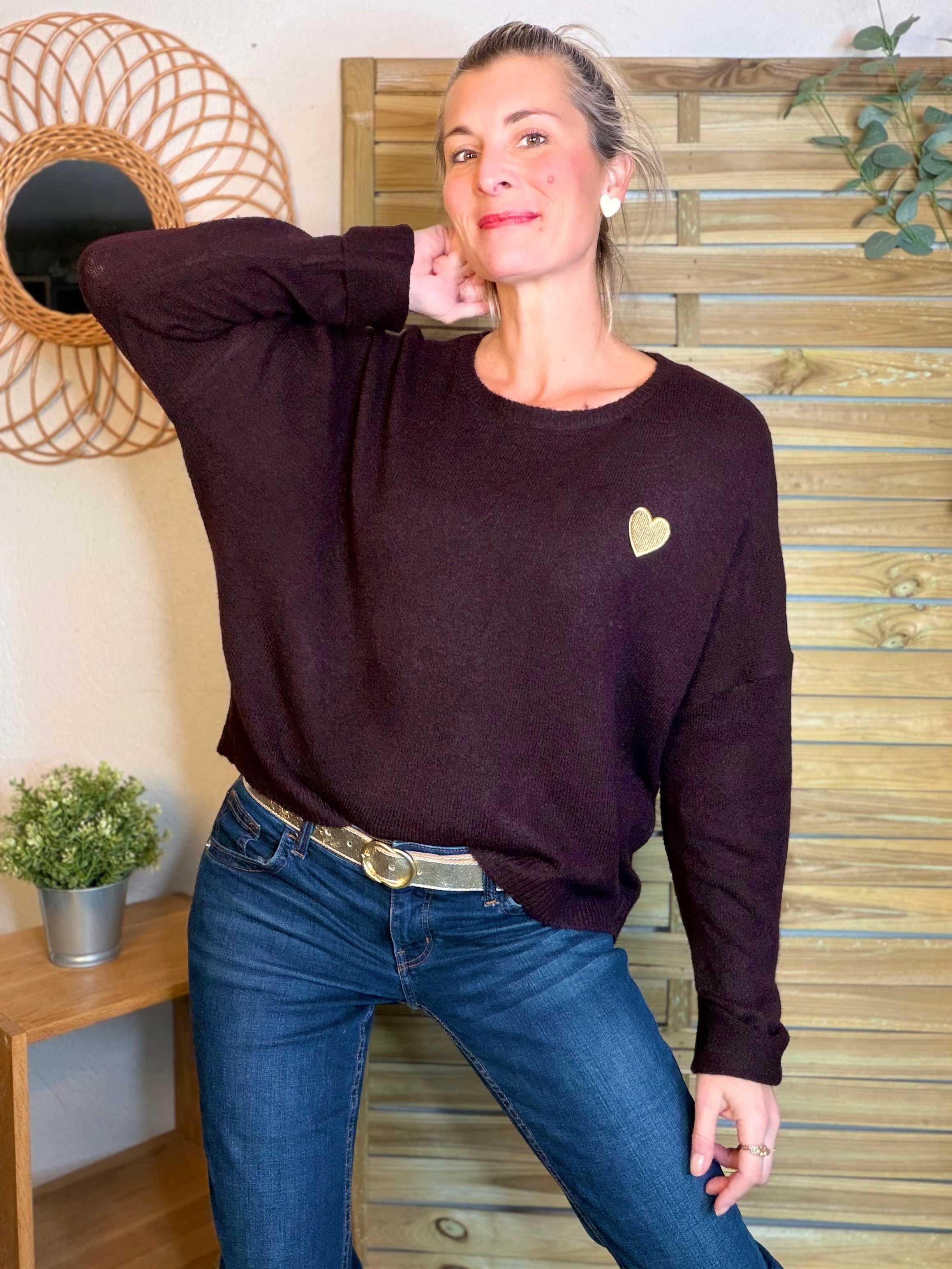 Pull léger en maille cœur doré brodé 💛 MELISSA - Aubergine