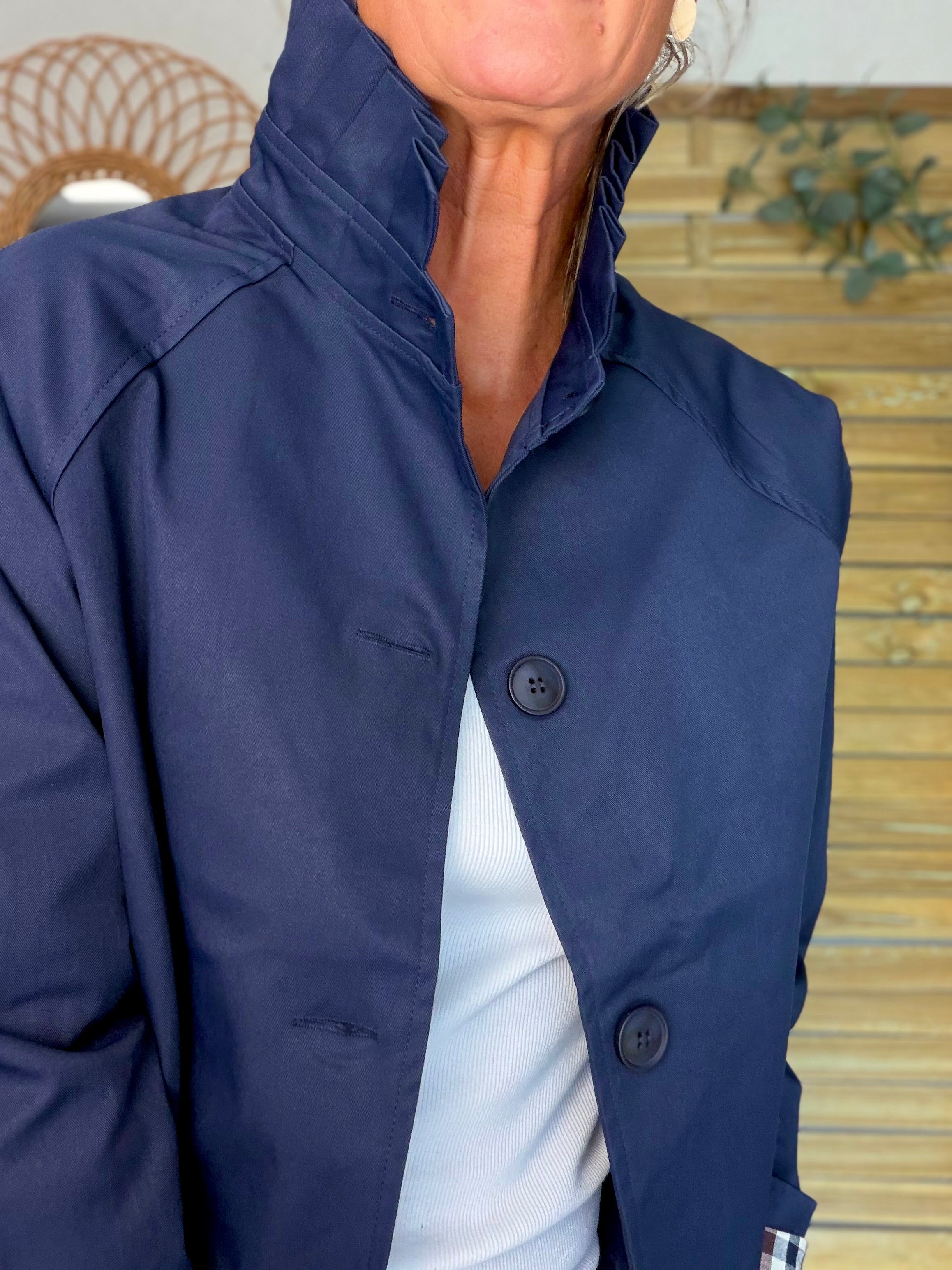 Veste Trench col victorien, revers carreaux - VICKY Bleu marine