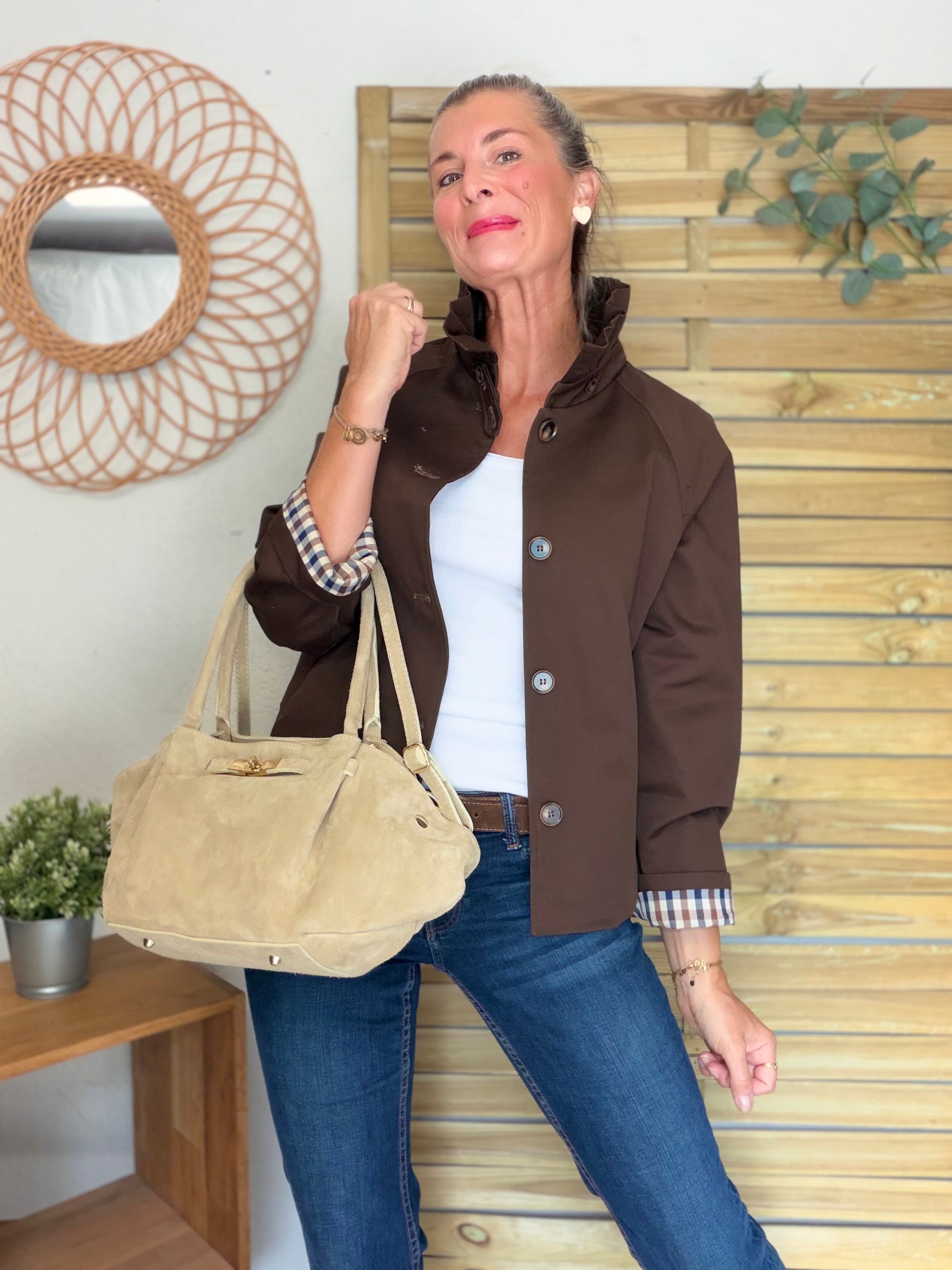 Veste Trench col victorien doublure carreaux - VICTORIA Chocolat