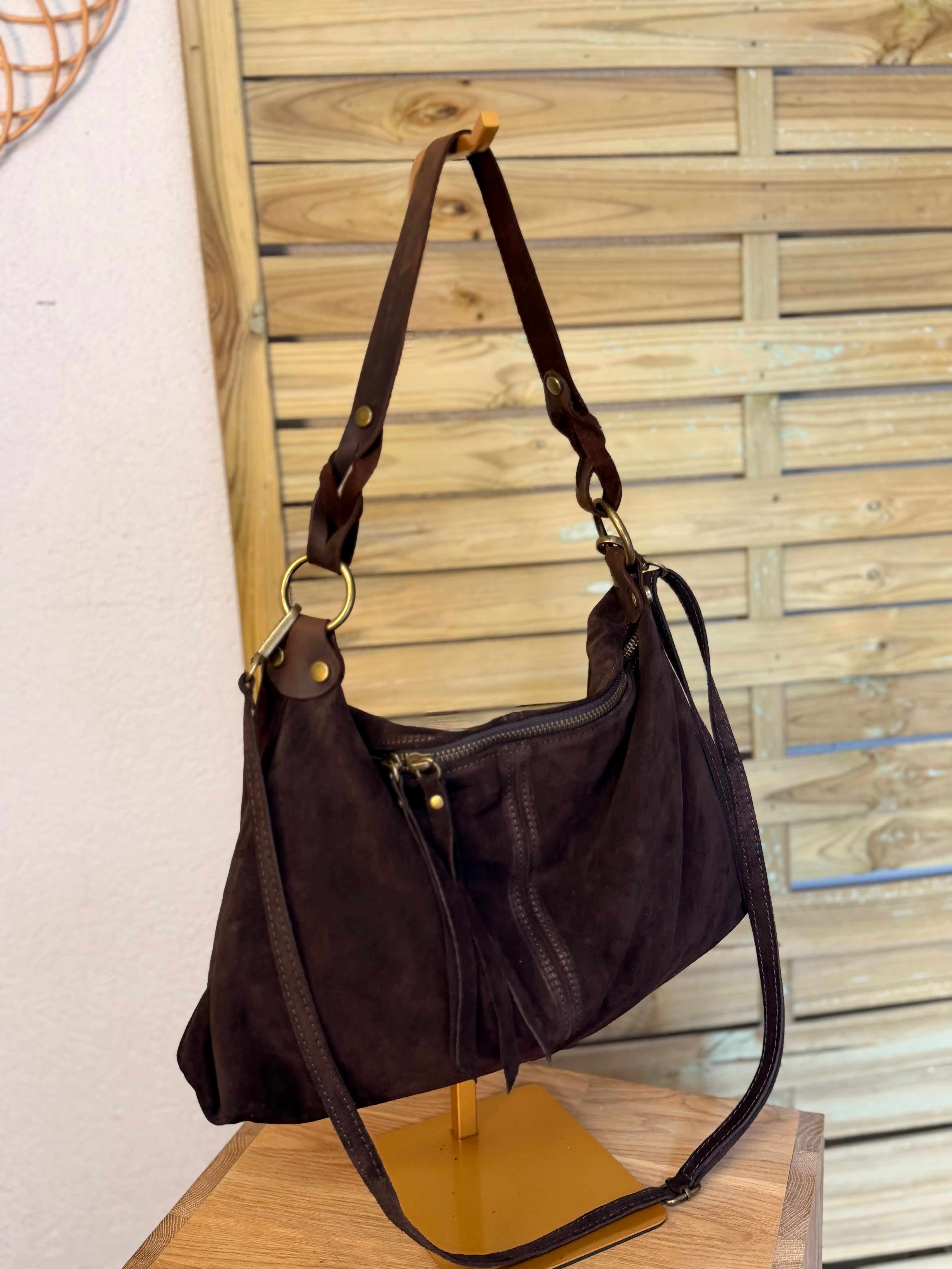 Sac hobo en cuir daim souple, double bandoulière ANDREW Chocolat