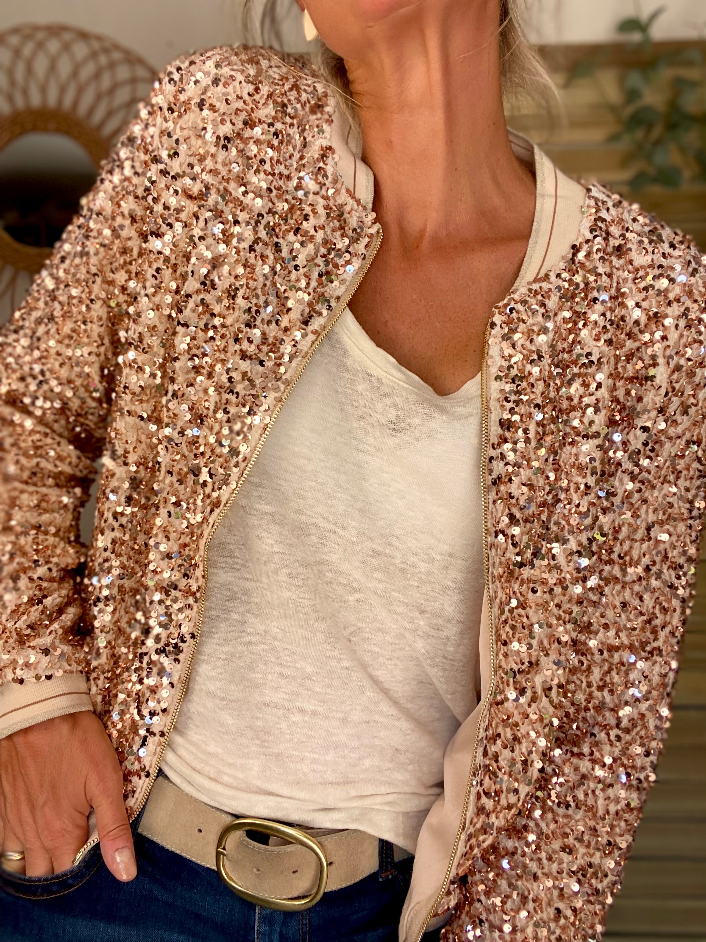 Veste bombers beige avec sequins Rose Gold KIM