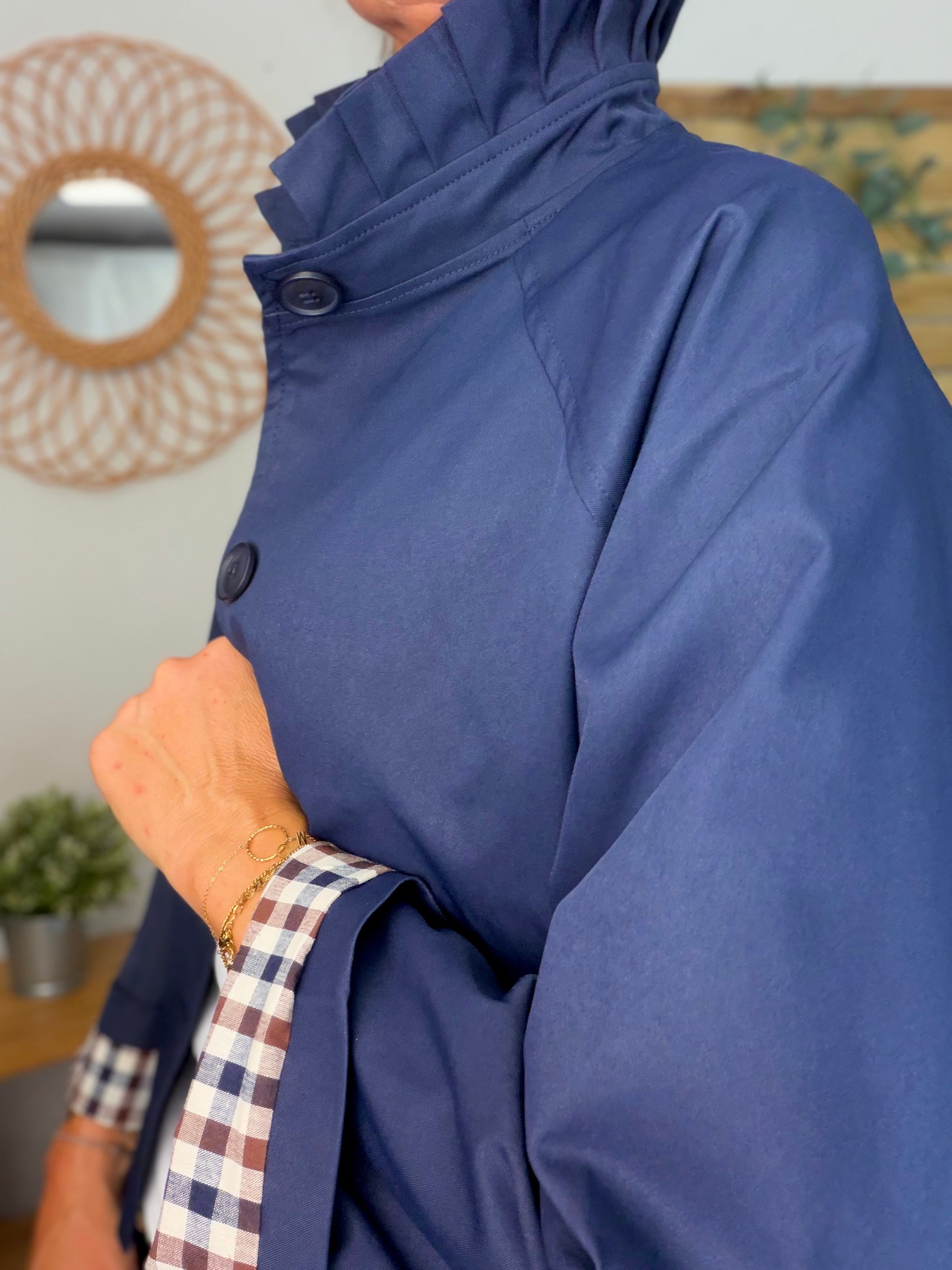 Veste Trench col victorien, revers carreaux - VICKY Bleu marine