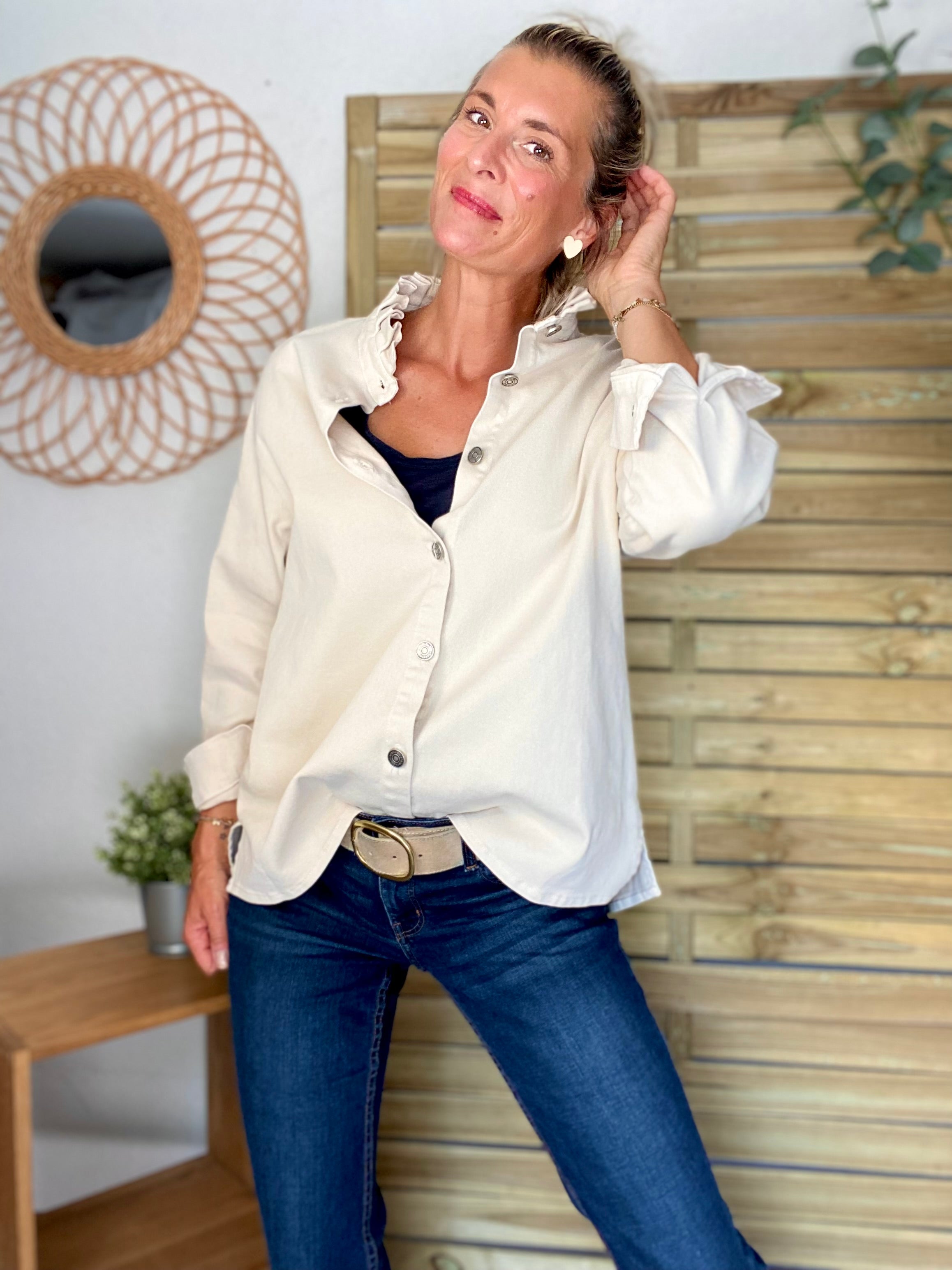 Veste / Chemise en coton, col victorien volanté Beige clair LISON