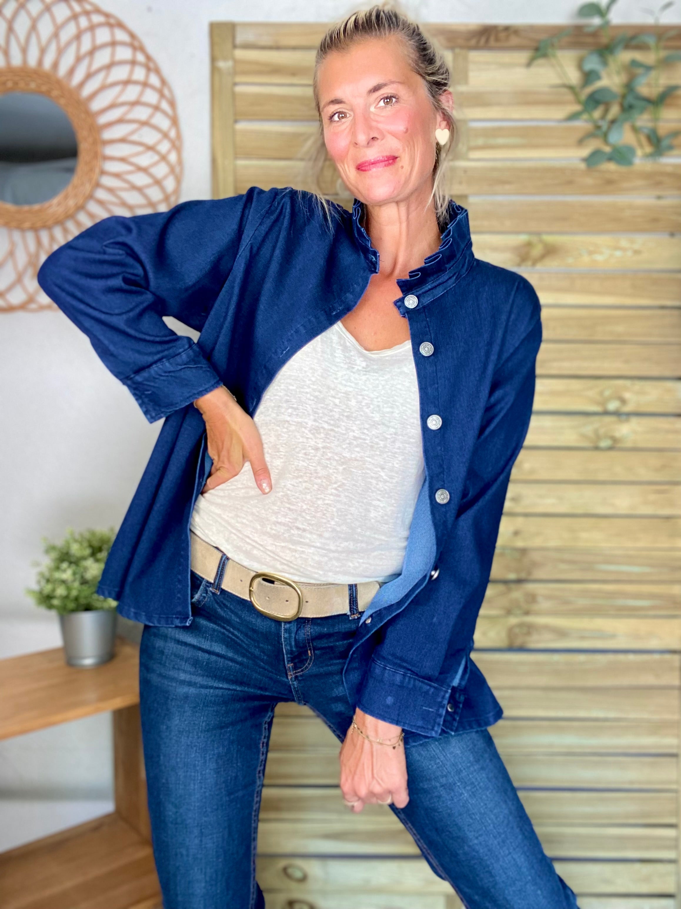 Veste / Chemise en coton, col volanté Bleu Jean LISON
