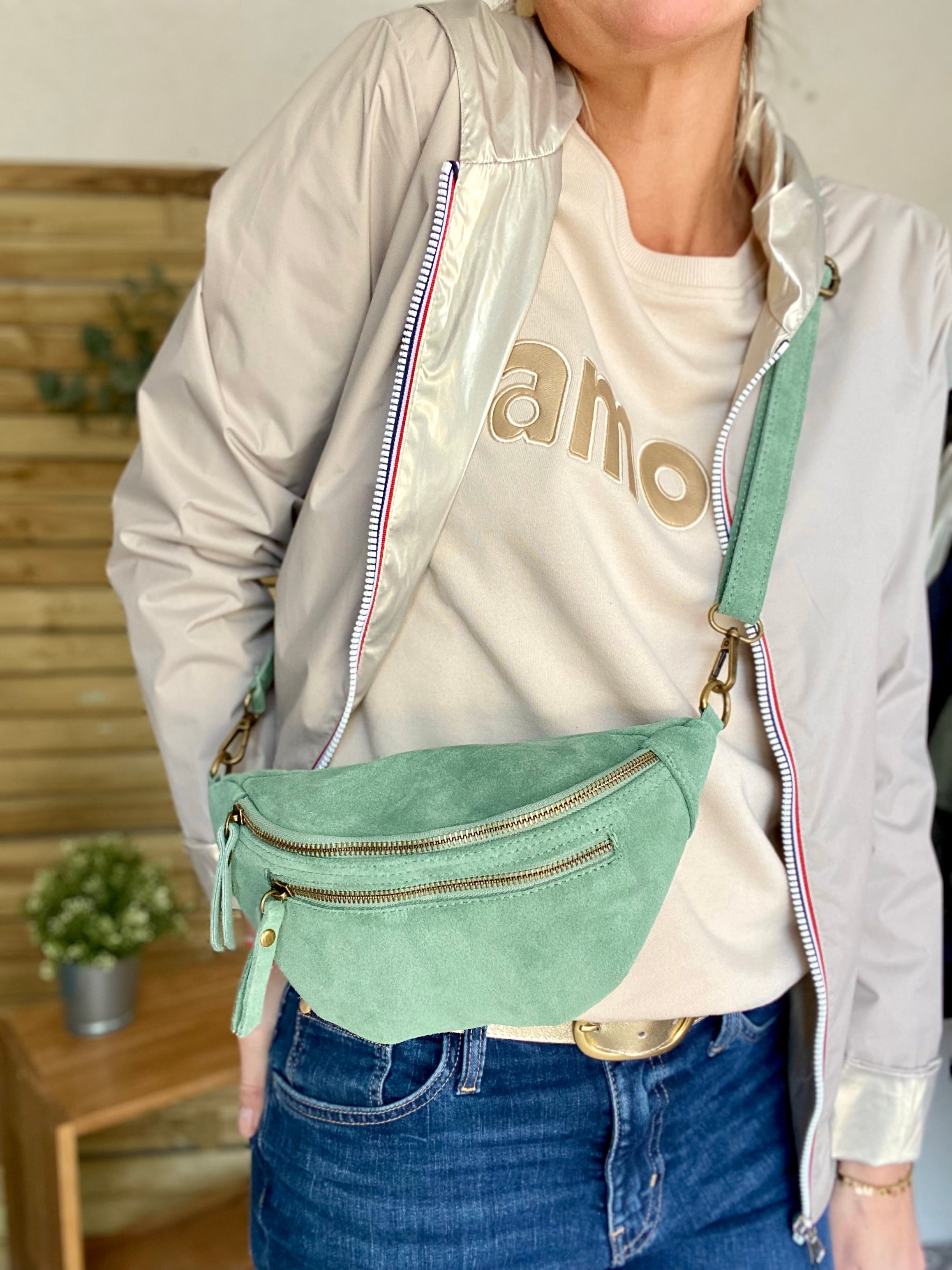 Sac banane double poche en cuir daim - OPALINE - Vert sauge (14 coloris)