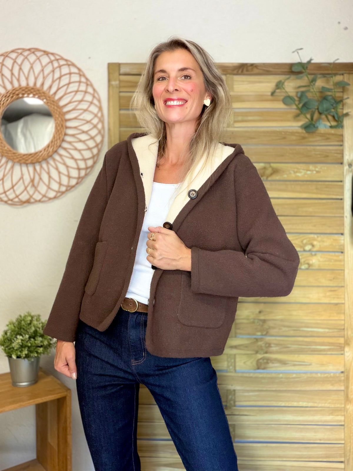 Veste / Gilet chaud réversible avec capuche ORIANE Choco / Beige