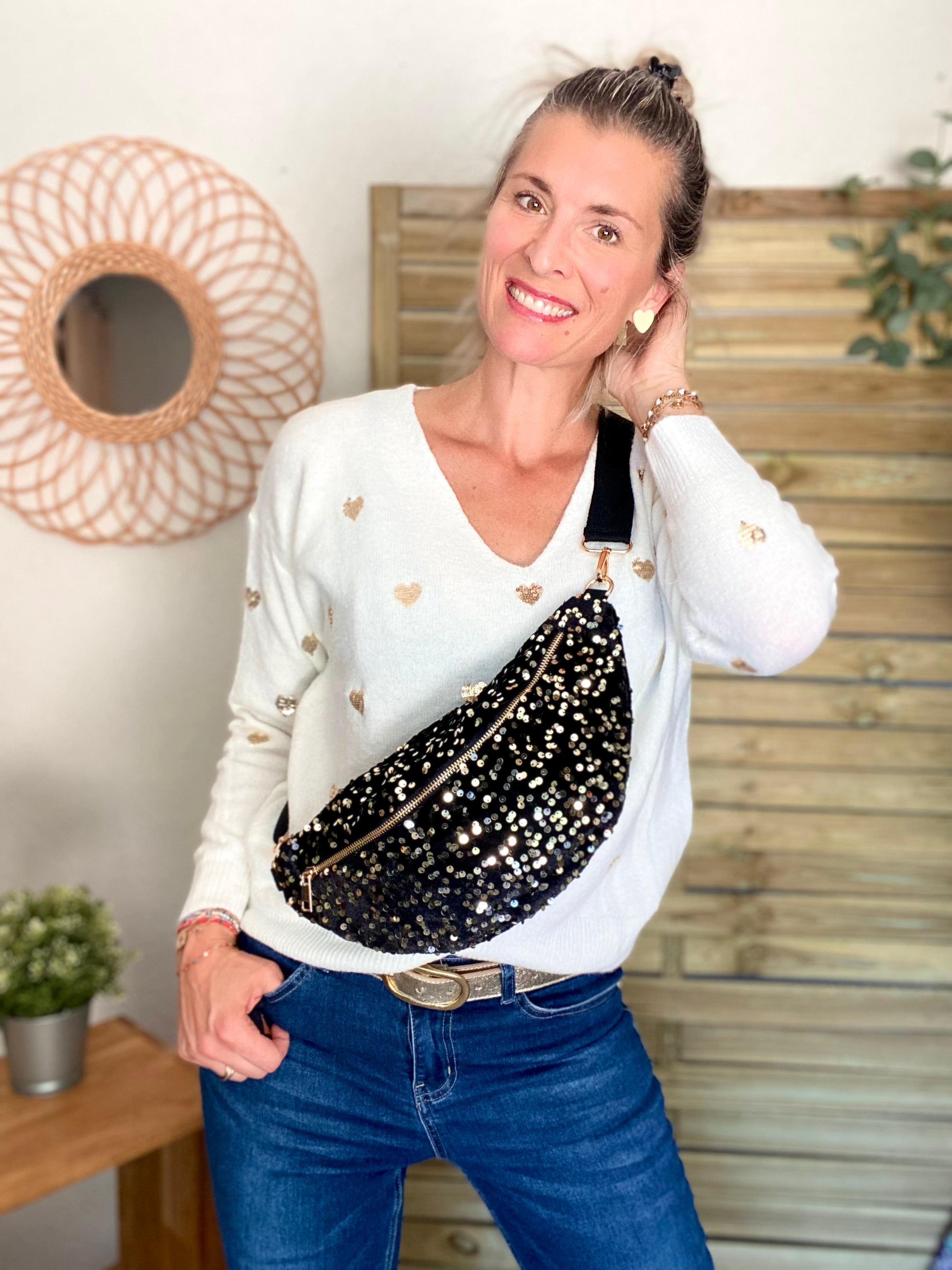 Sac banane L velours à sequins Ciao Boum - TAYLOR - Noir à sequins dorés