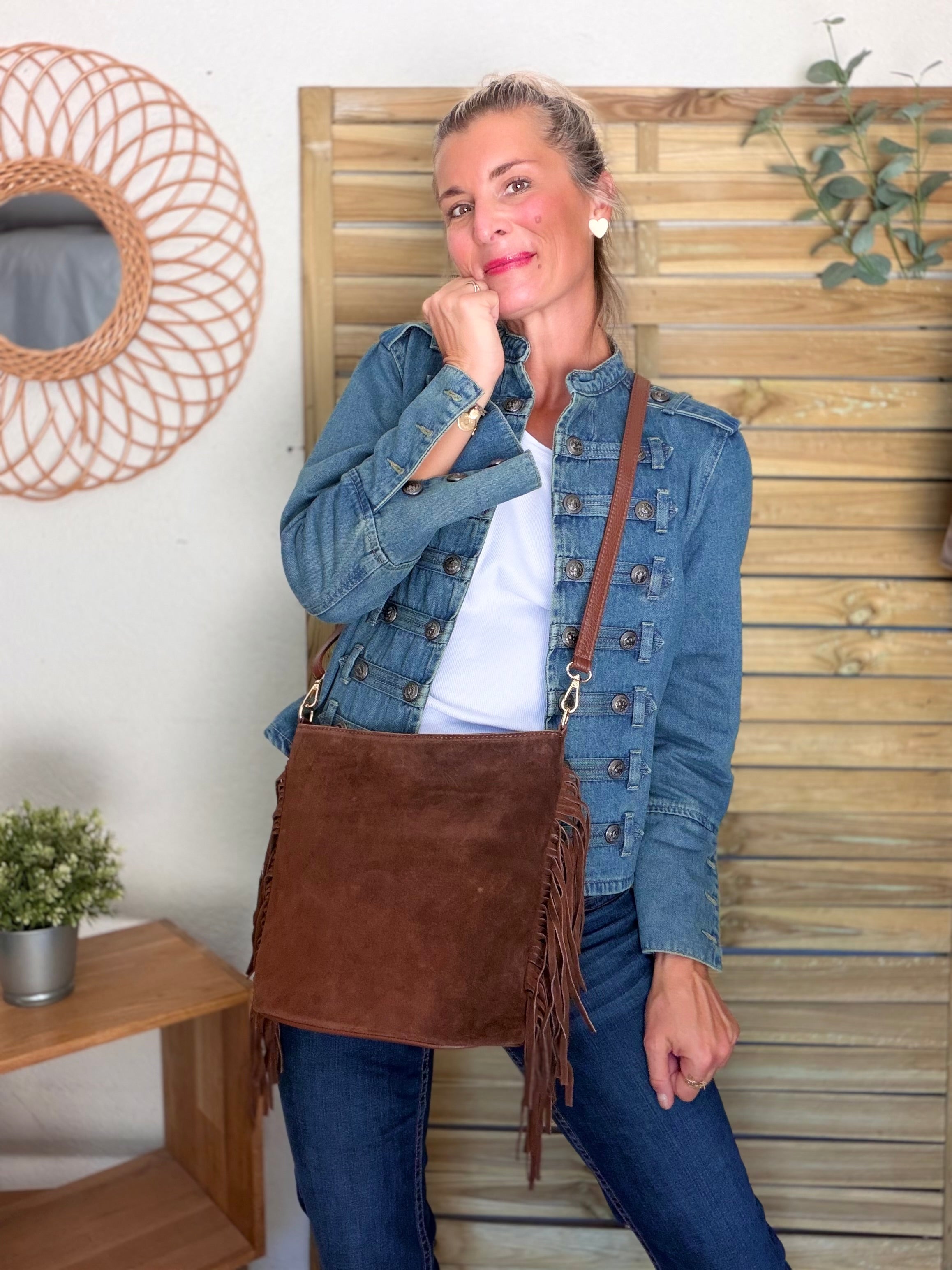 Sac seau en cuir daim avec franges KYLIE - Camel foncé (Café)