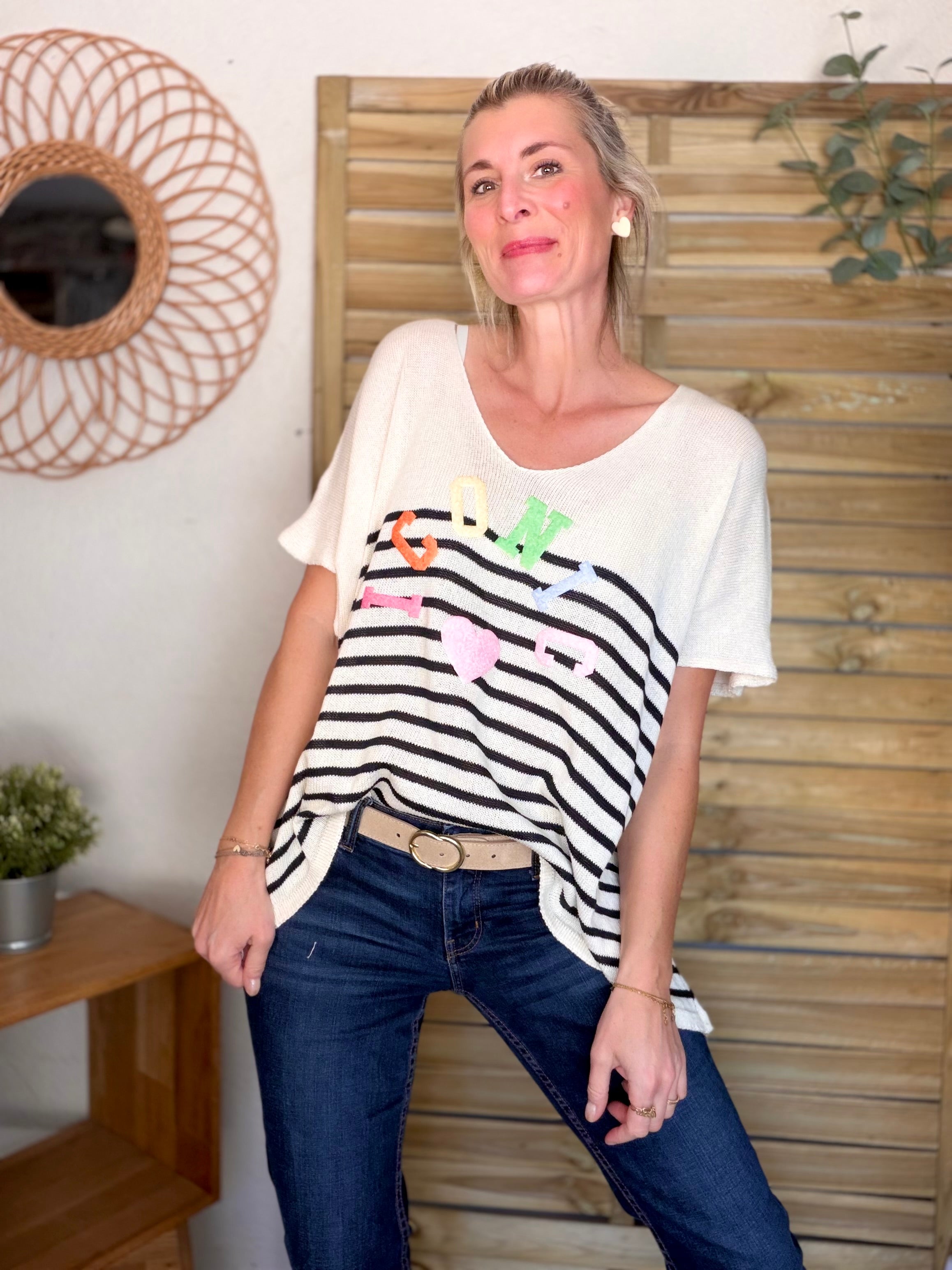 Top col V en maille rayé oversized ICONIC ANISSA Bleu marine