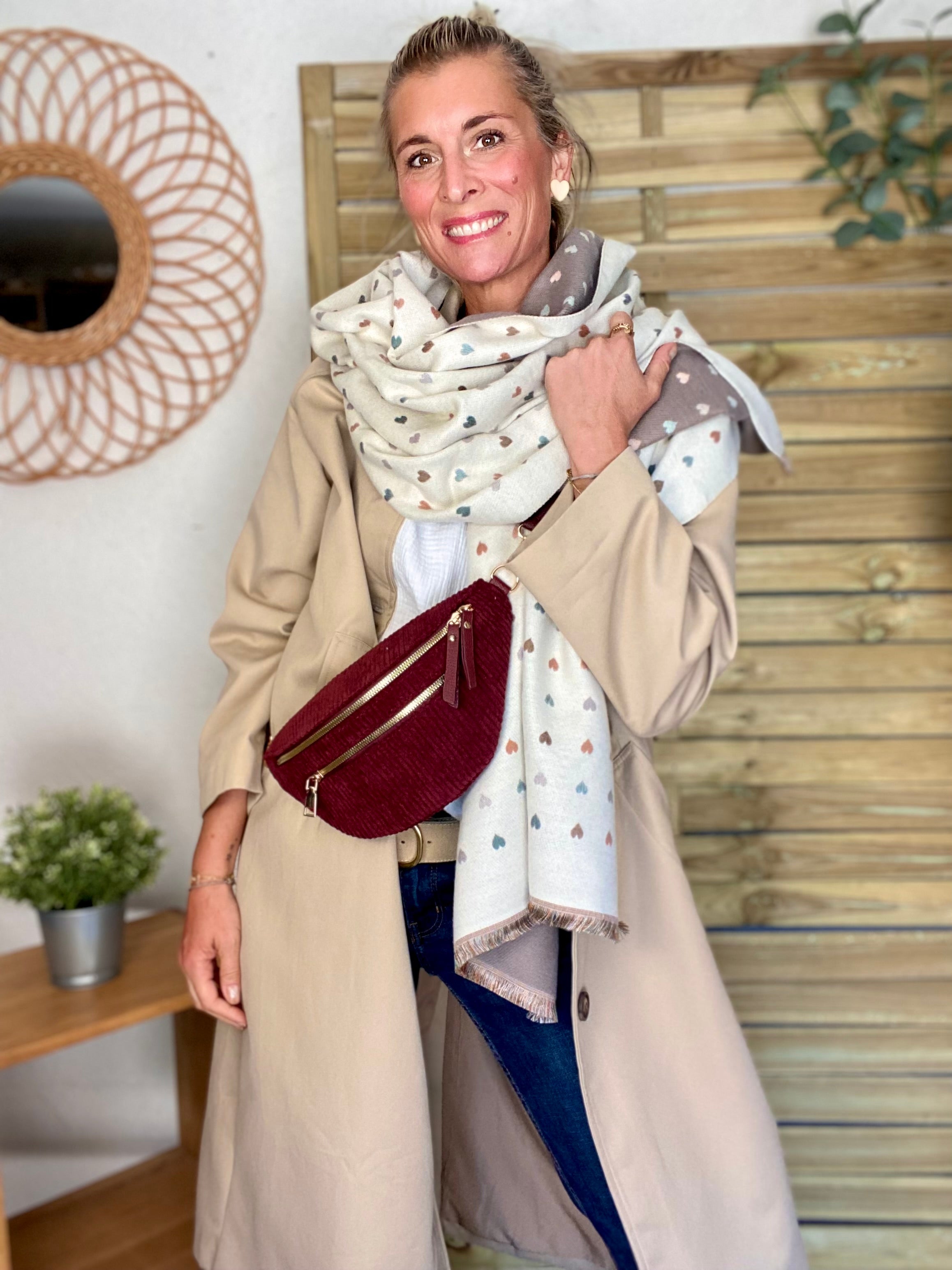 Écharpe douce réversible Coeurs SIMONE - Beige / Taupe 💙🩷💛