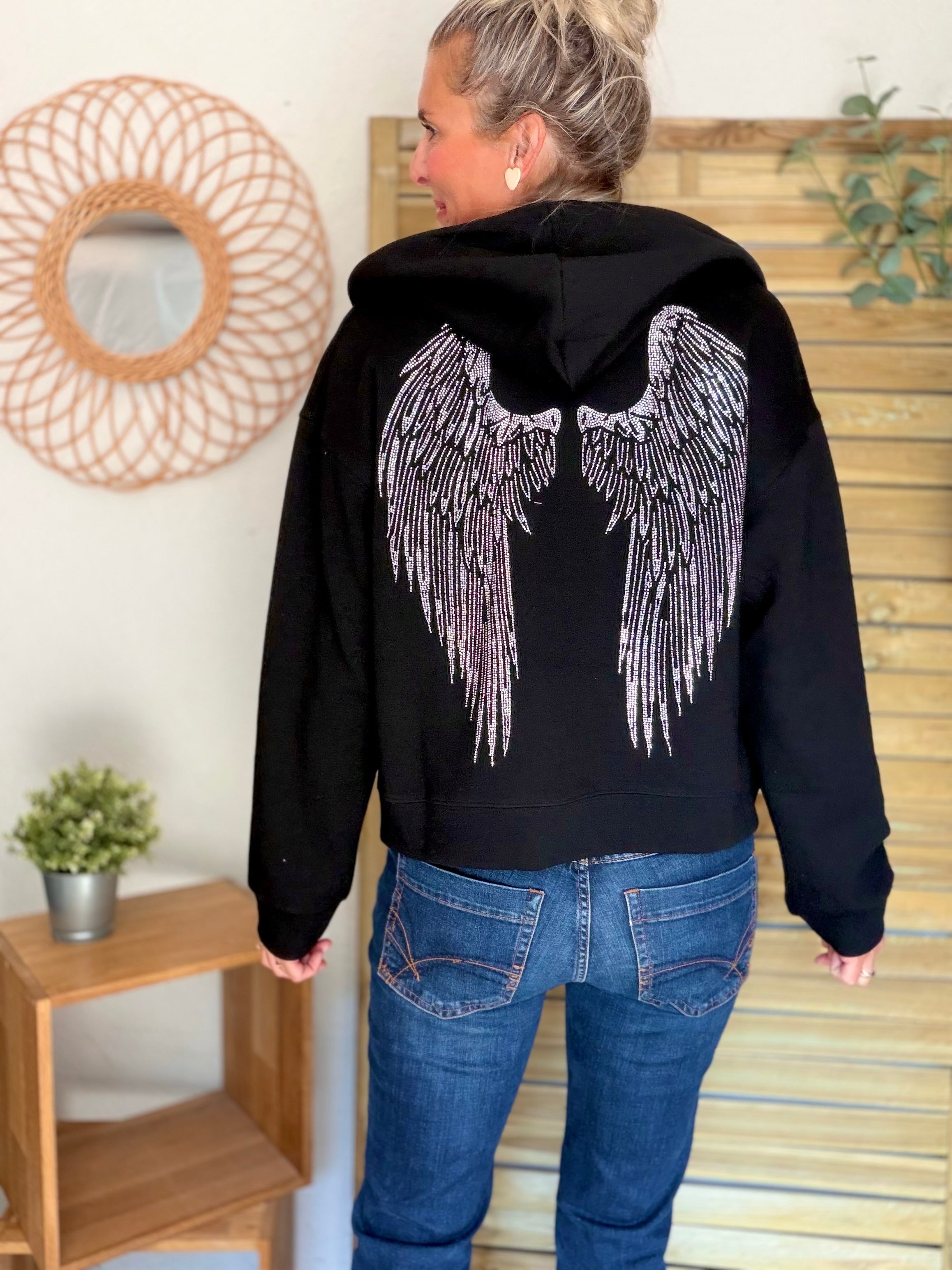Hoodie sweat gilet strass (ailes) CLOTHILDE - Noir