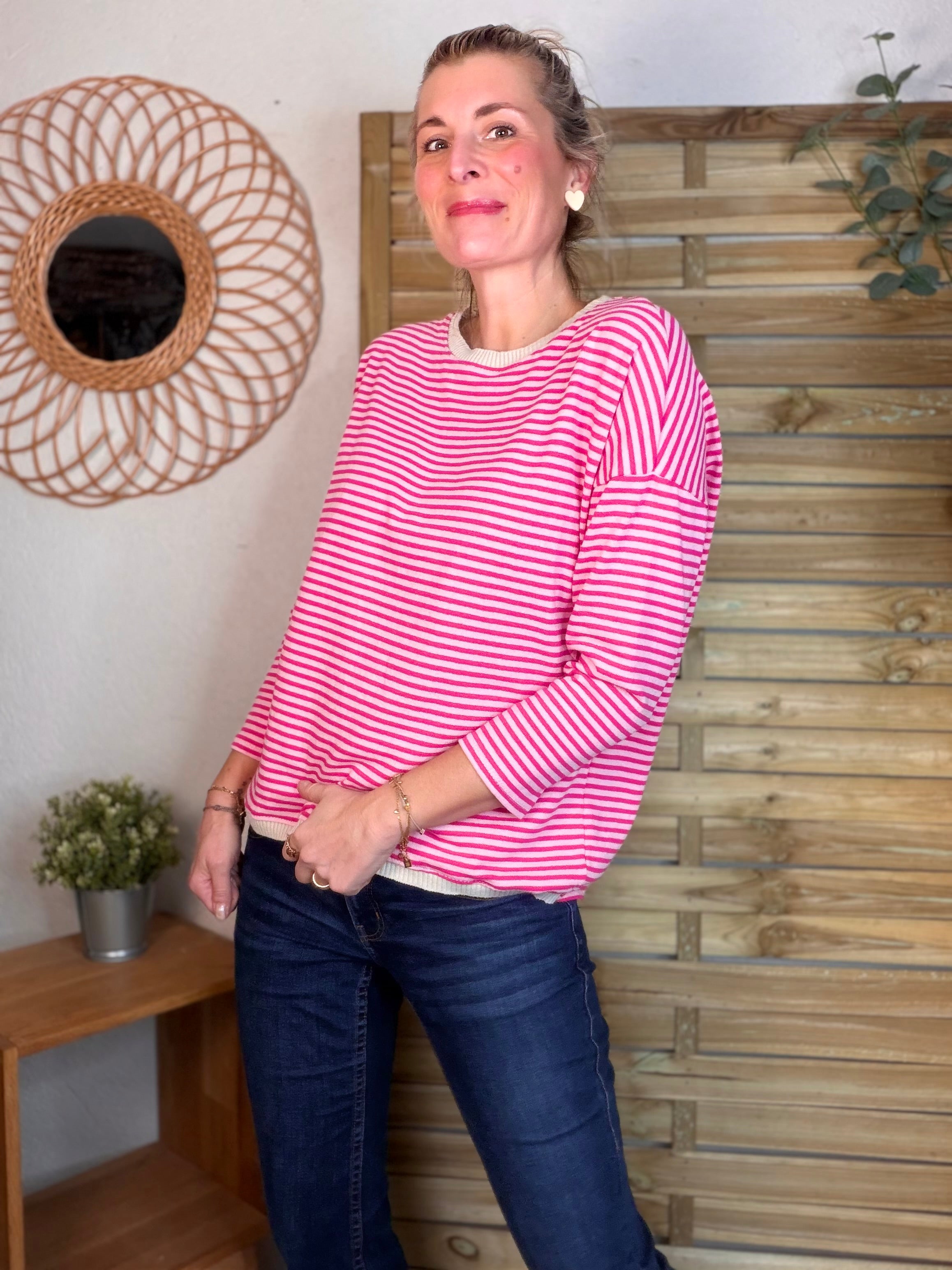 Pull fin rayé ample ROMANE - Rose/Fuschia