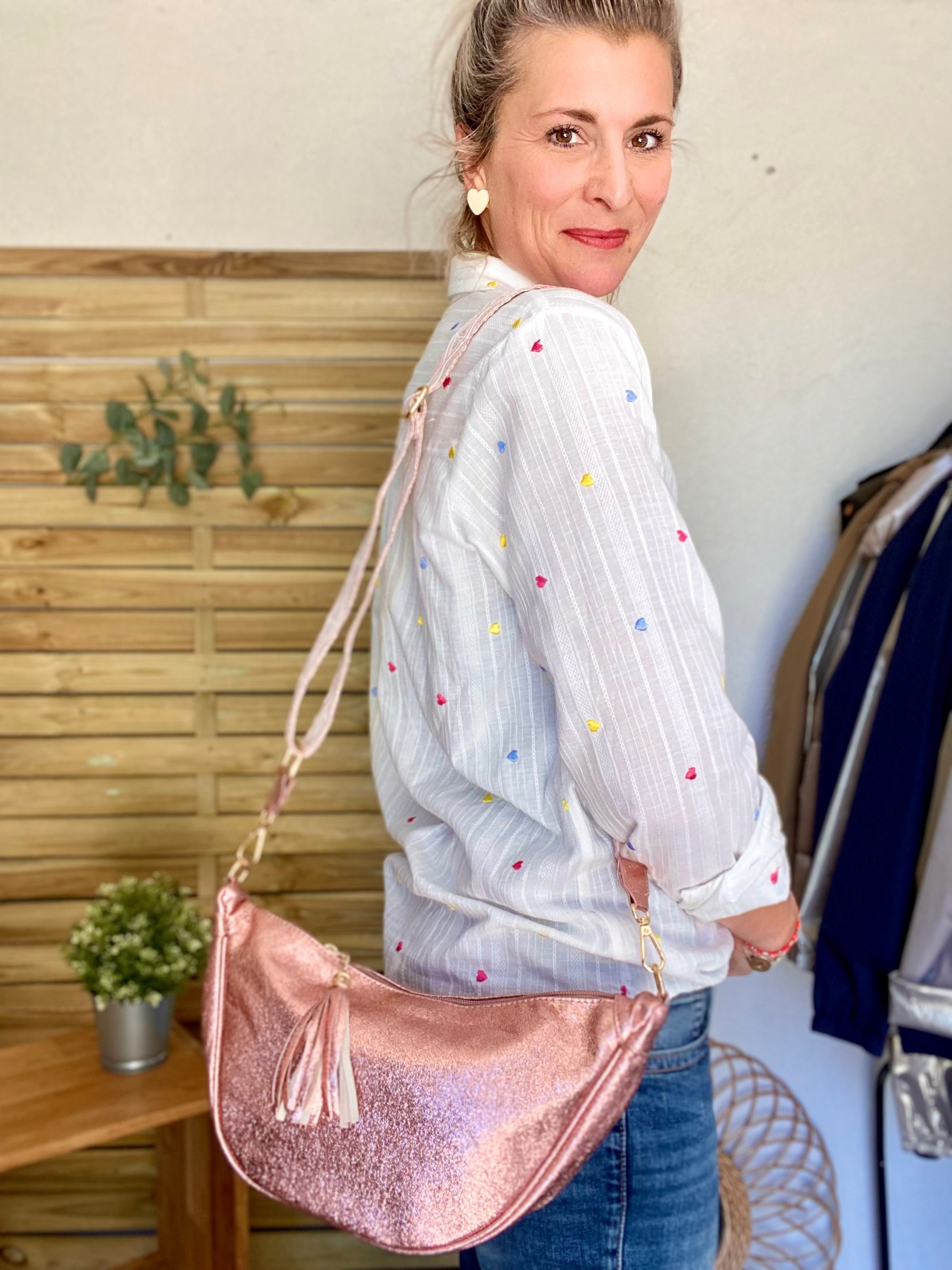 Sac besace demi-lune XL irisé, sangle fantaisie - AMY - Rose irisé