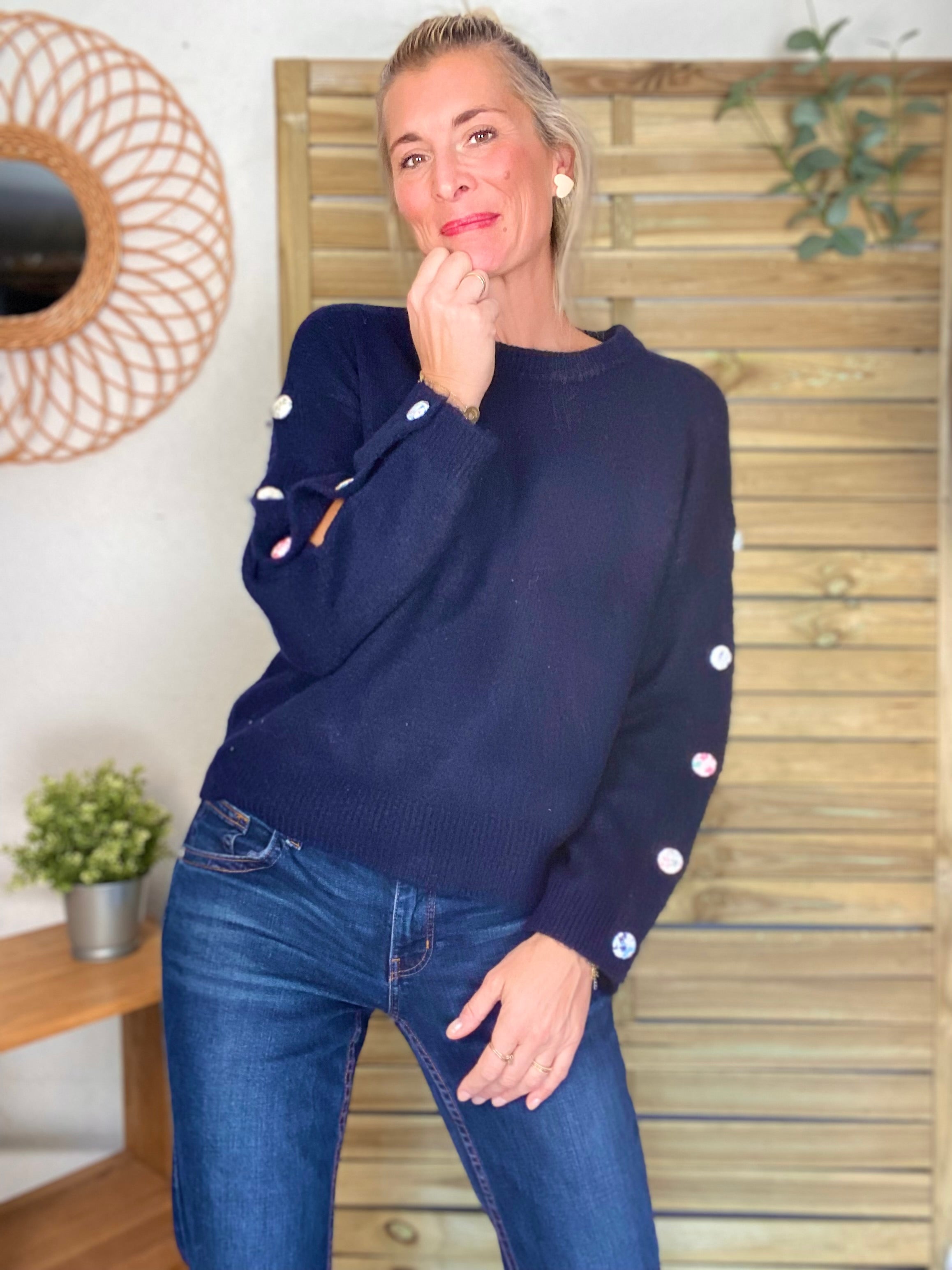 ⚡️ PÉPITES FRIDAY - Pull boutons tissu fleuri - Bleu marine - HAZEL