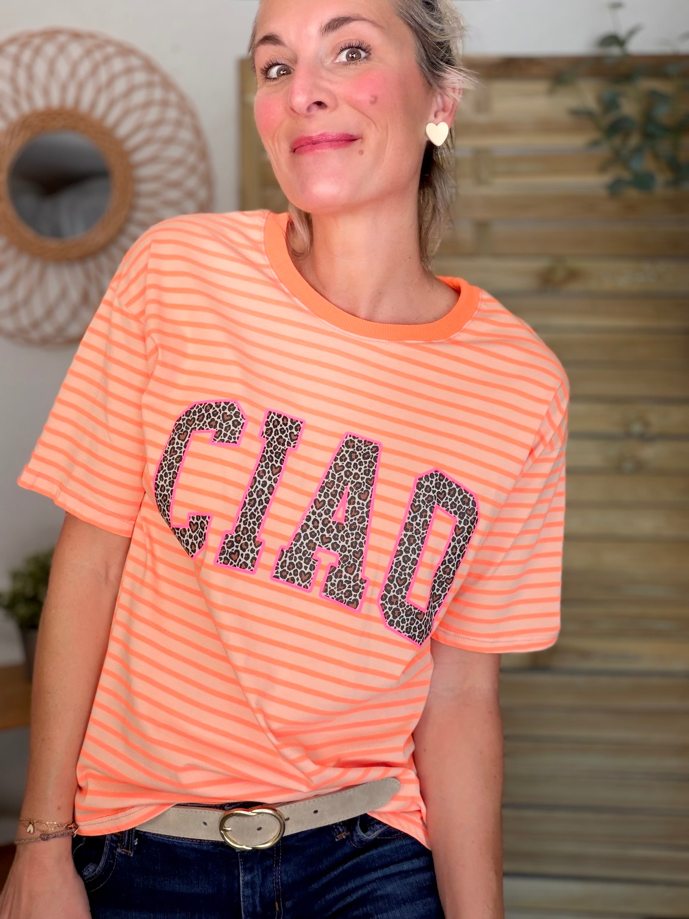 Tee shirt rayé CIAO Léo Orange fluo