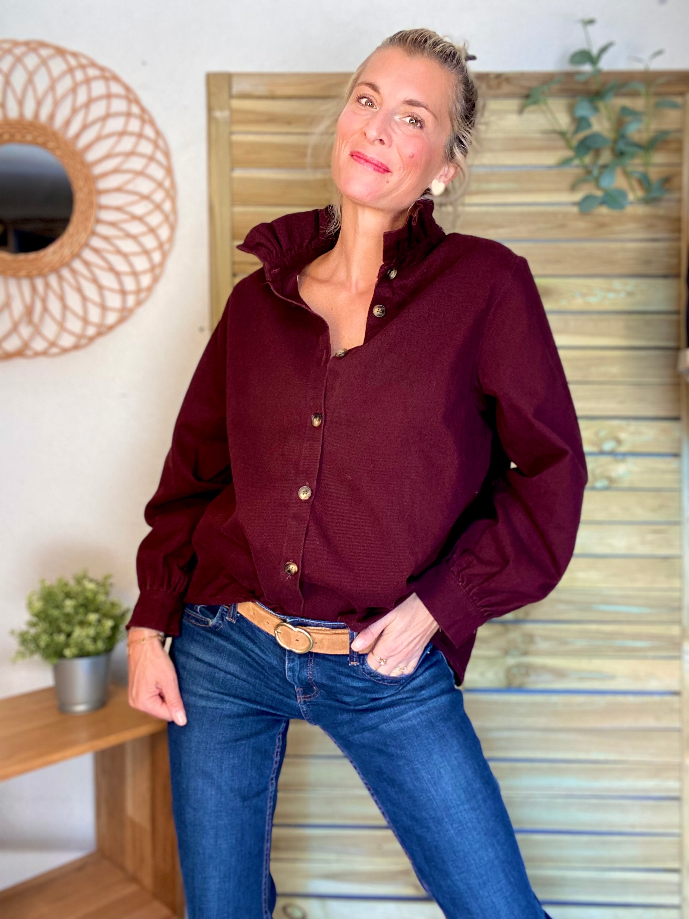 Veste / Chemise en coton, col victorien volanté LISA - Prune