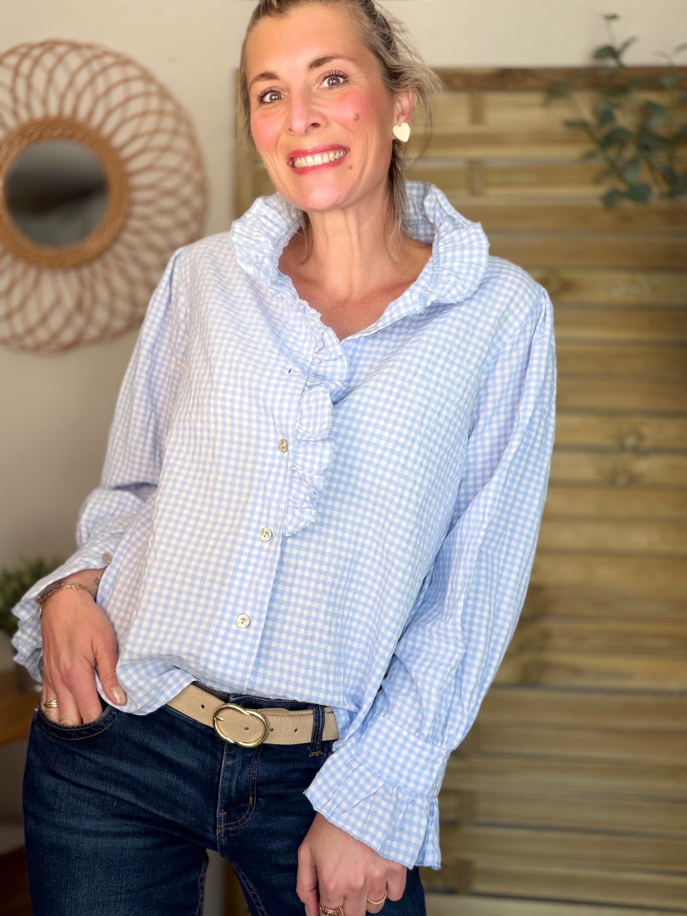 Chemise imprimée Vichy col volanté IRÈNE - Bleu ciel
