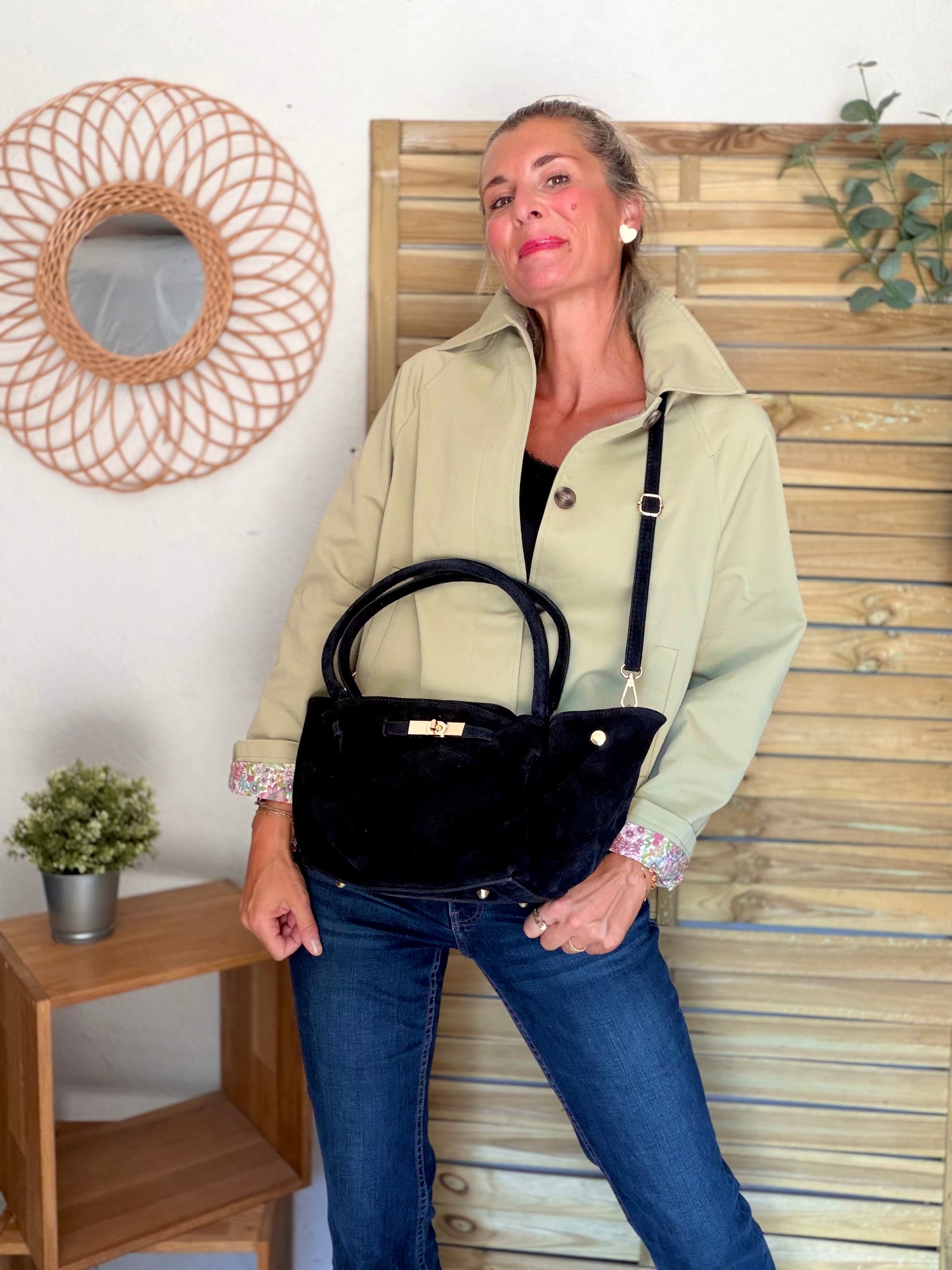 Sac cabas en cuir daim HANA - Noir