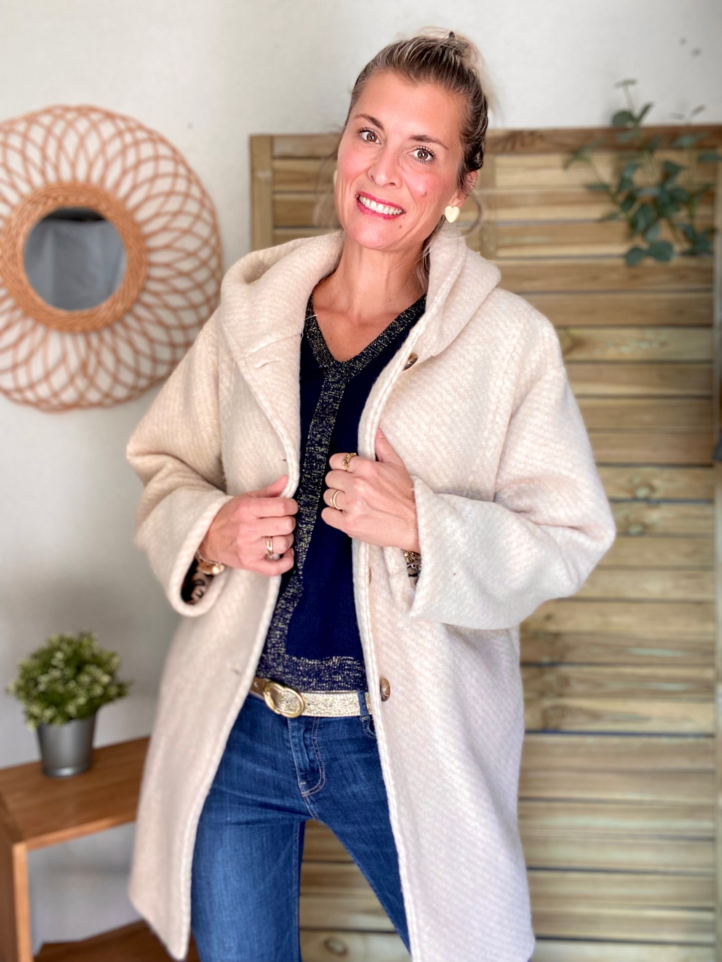 Manteau laine AGATHE avec détails Léo (étoile capuche) - Beige