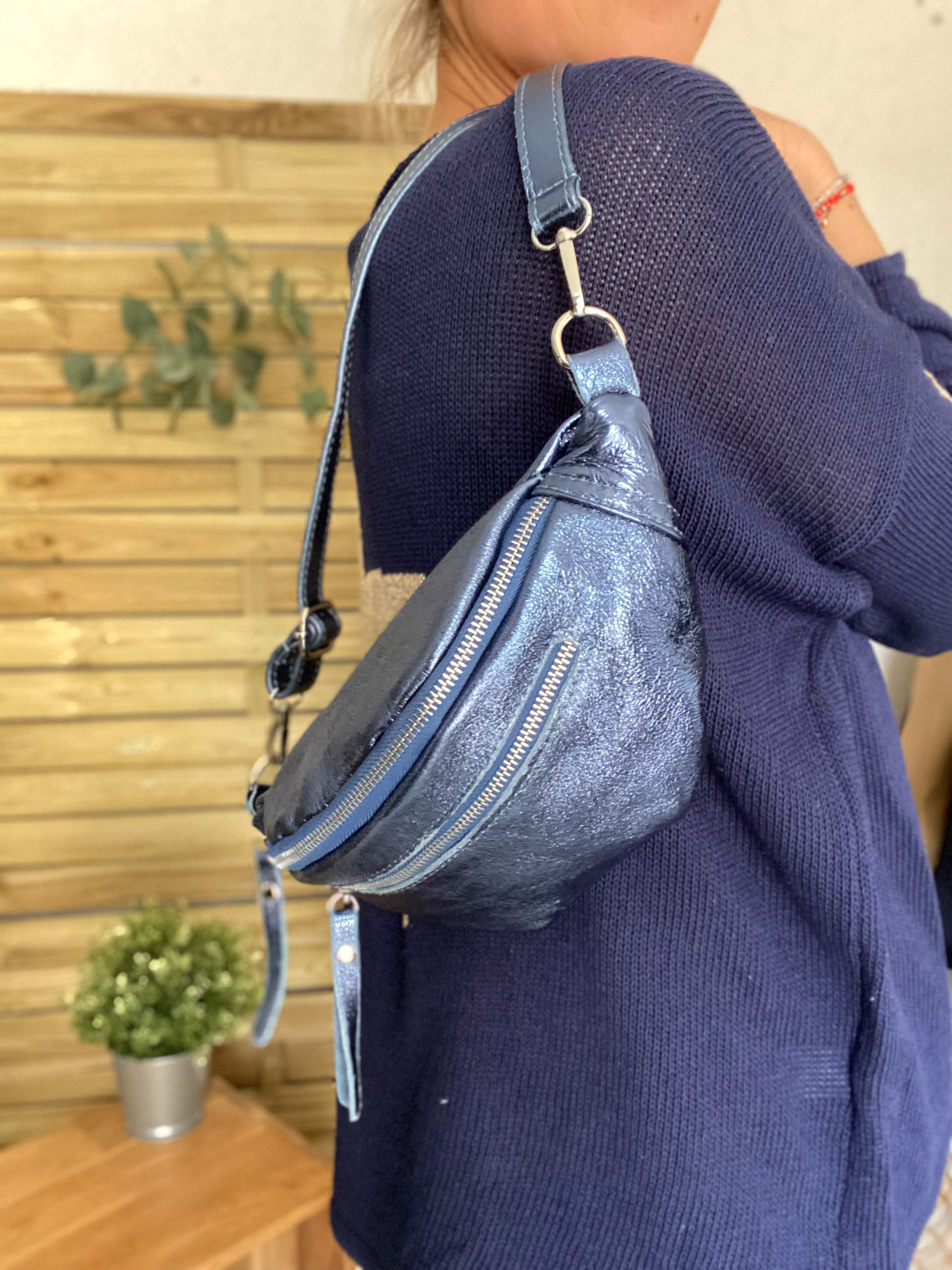 Sac banane en cuir irisé double poche - OPALE  - Bleu jean