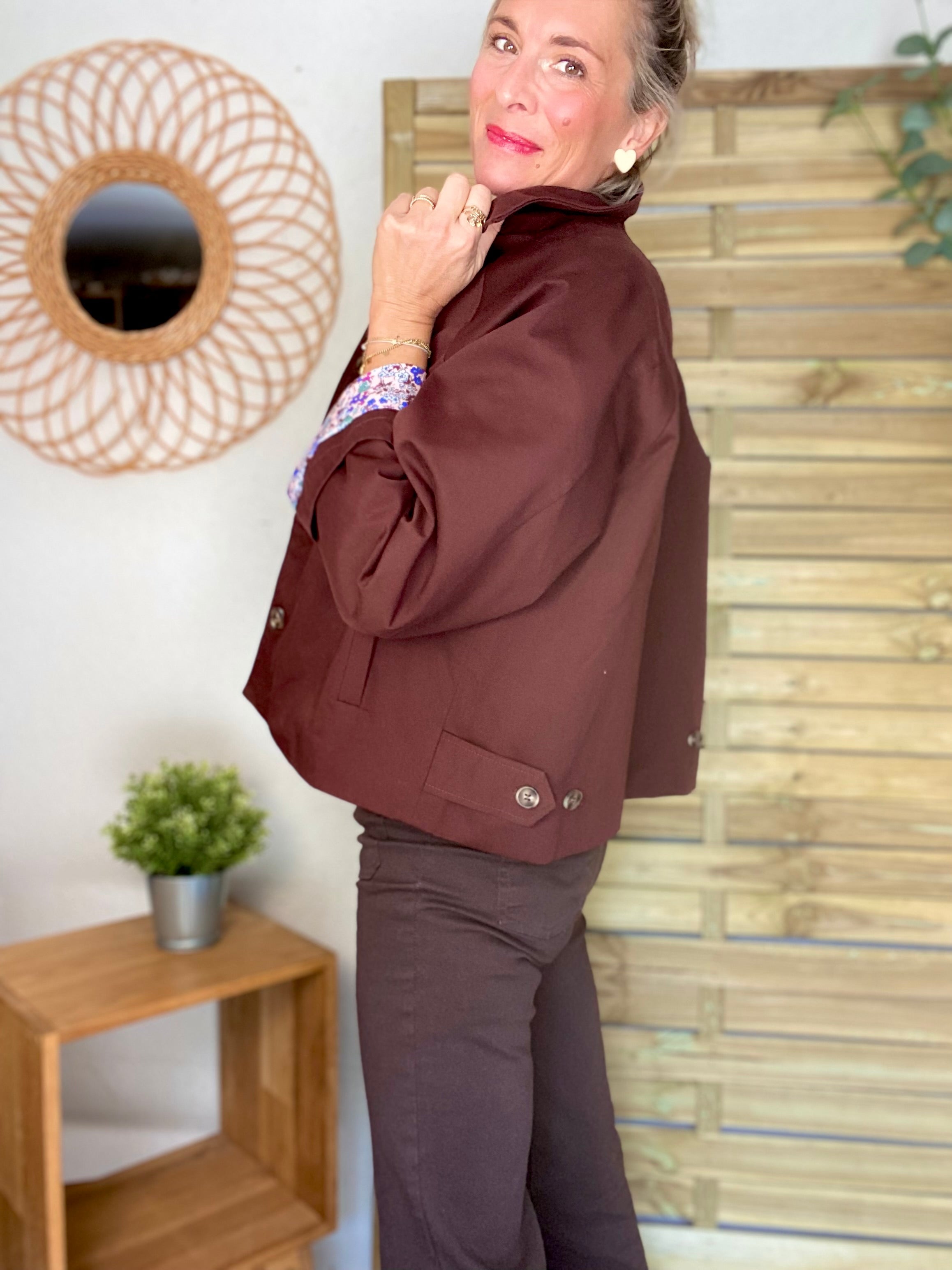 Veste Trench en coton bordeaux foncé avec Liberty - MAHAUT