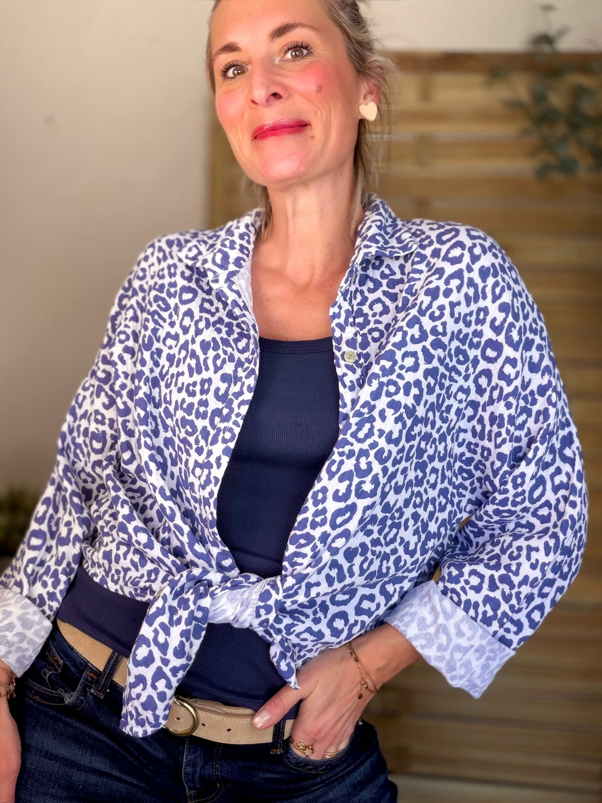 Chemise en gaze de coton imprimé Léo MARCIA - Bleu Jean