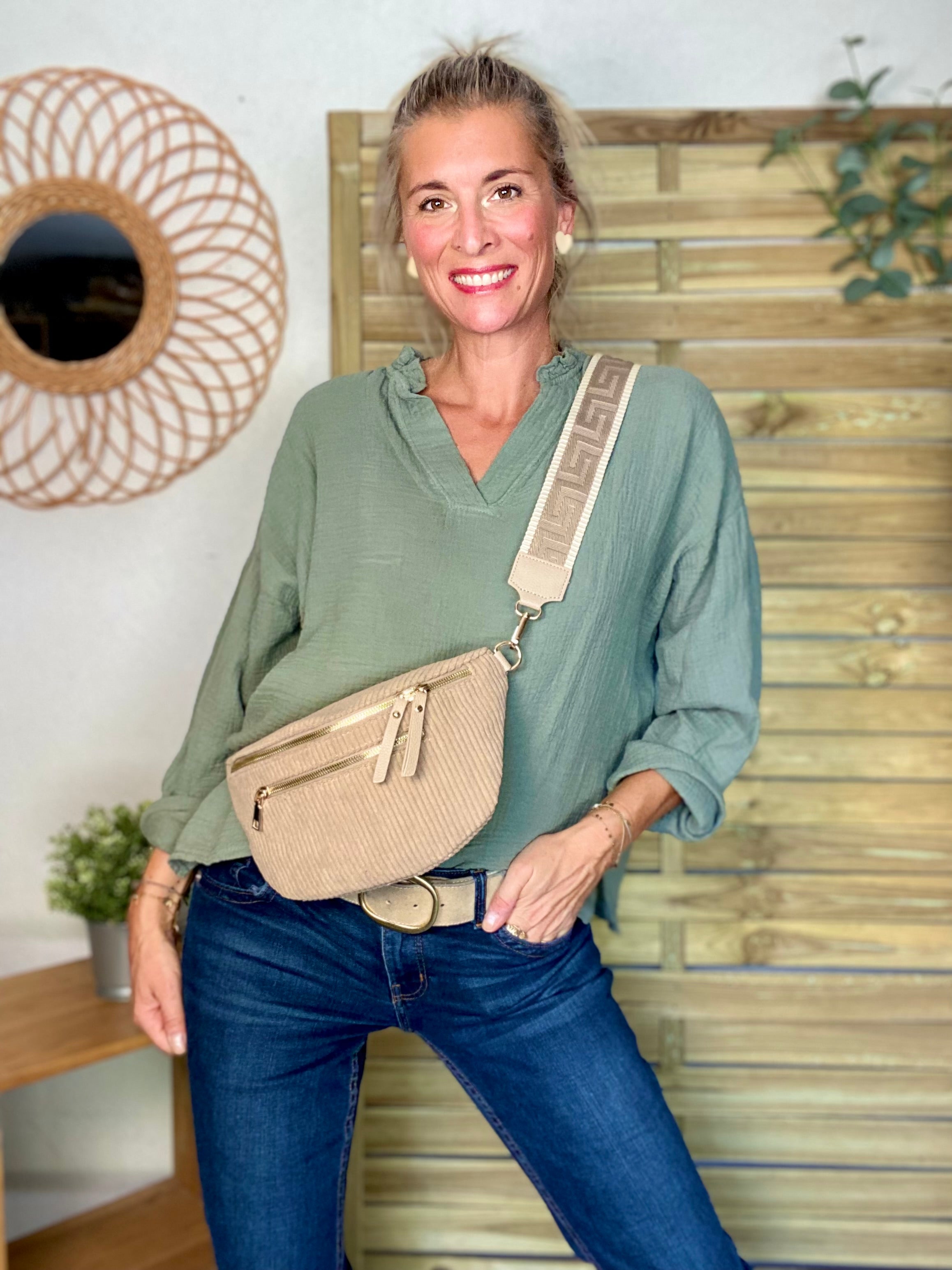 Sac banane L en velours côtelé 2 zips et sangle fantaisie - ASHLY - Beige taupe (côtelé large)