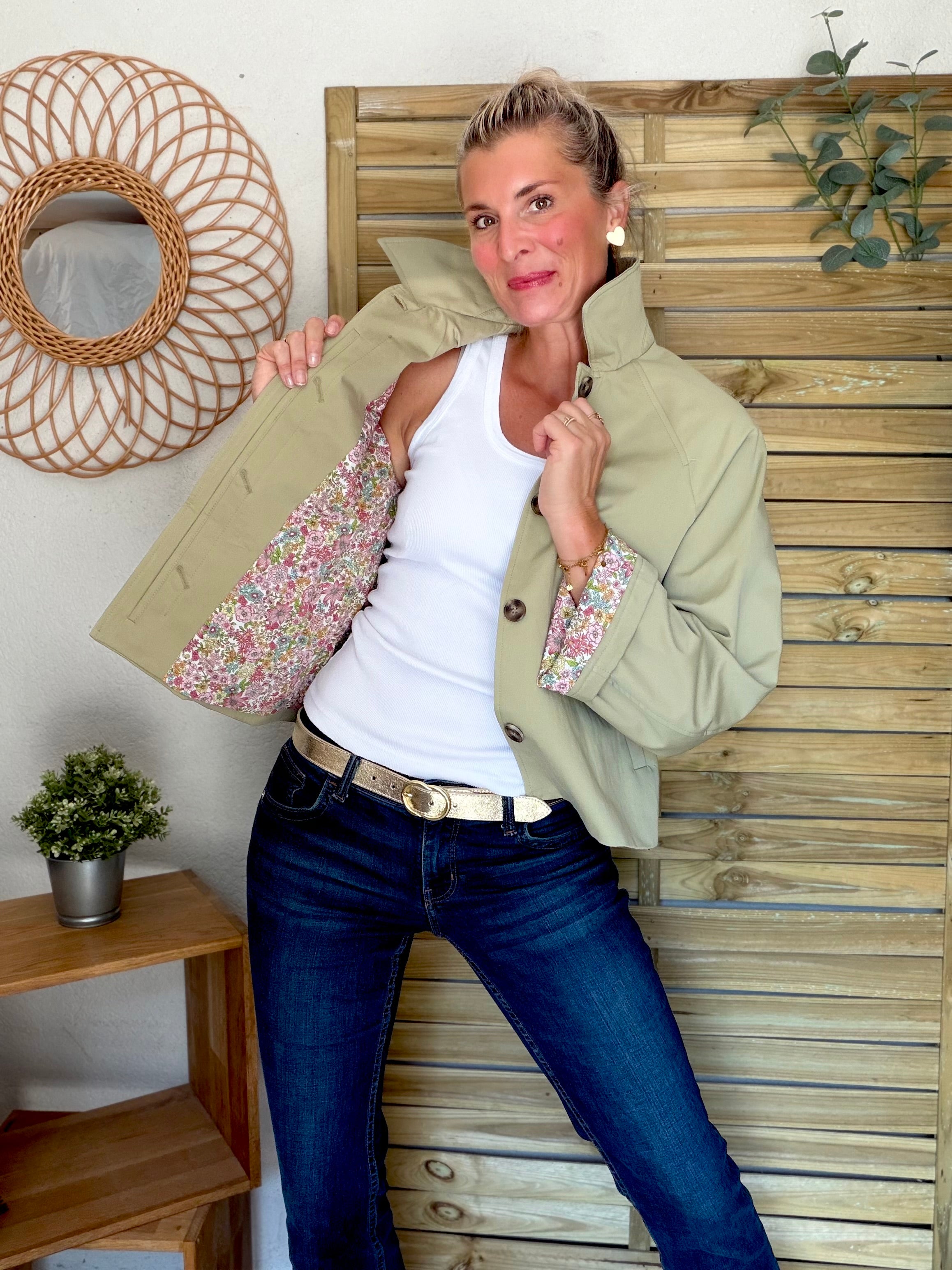 Veste Trench en coton Vert amande avec Liberty - MAHAUT - LILI et LALA