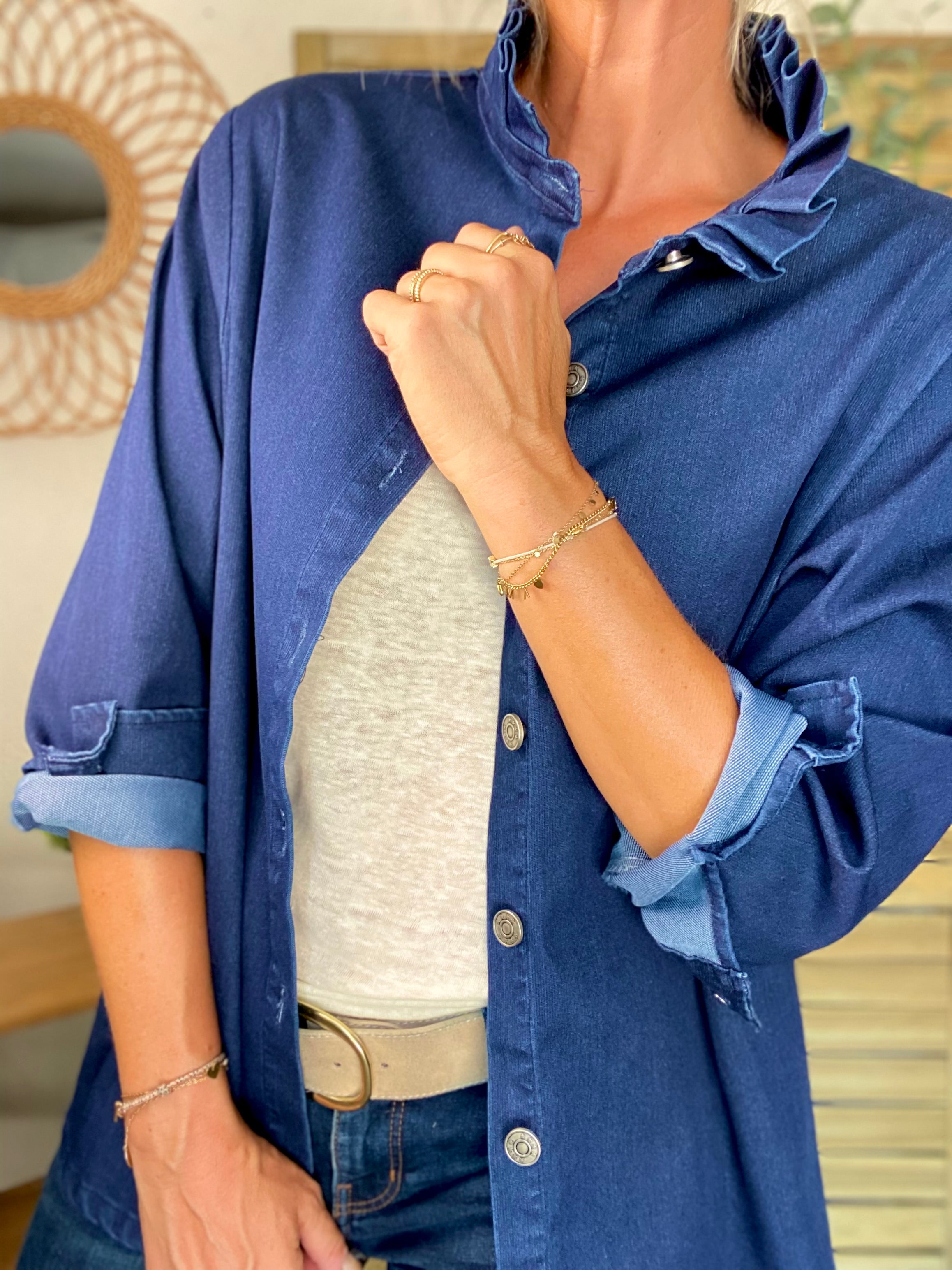 Veste / Chemise en coton, col volanté Bleu Jean LISON