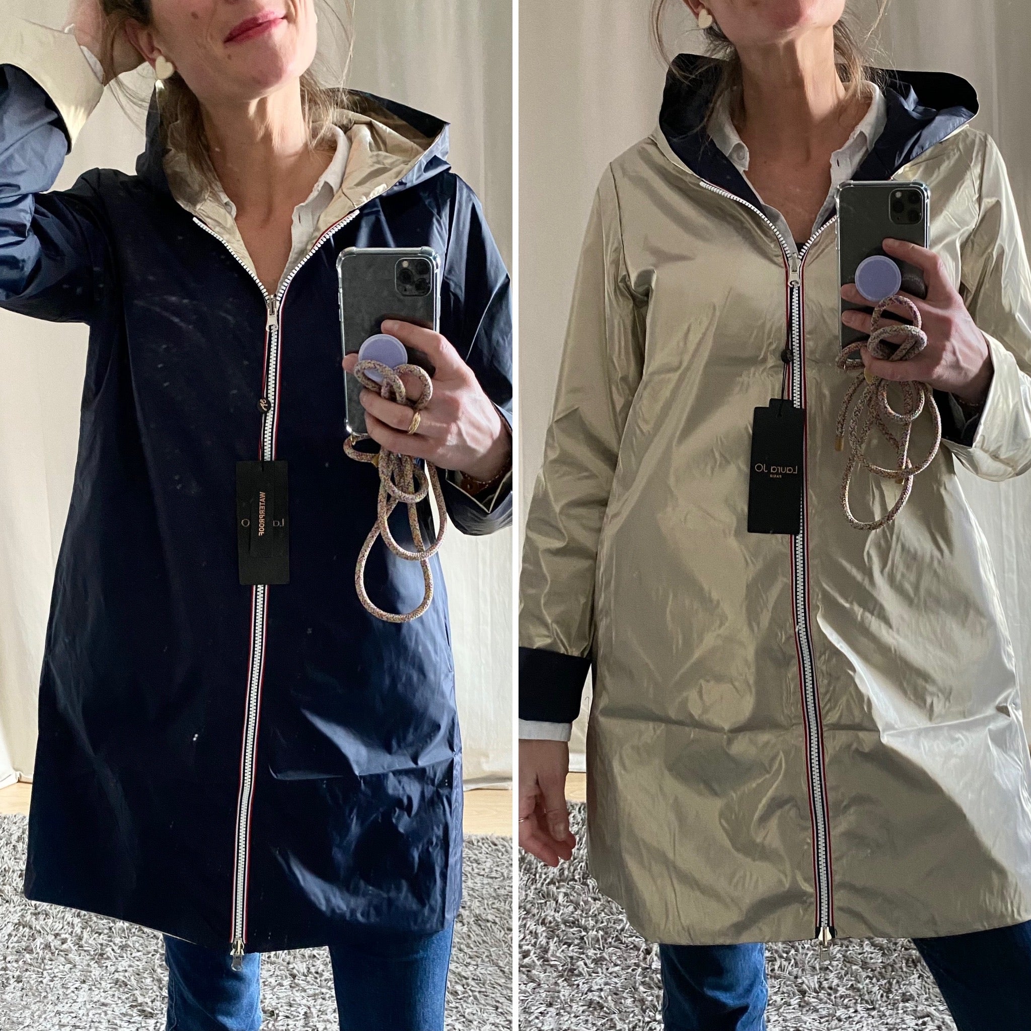 *** PROMO - Taille XL - Imperméable réversible léger GARANCE LONG - Marine/Doré - Laura Jo