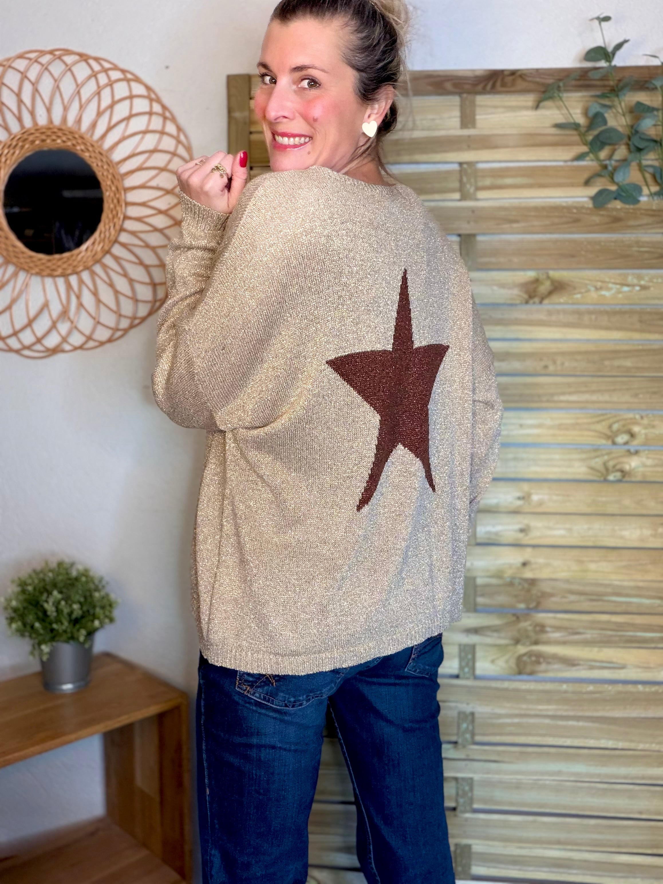 Pull maille lurex et étoile ⭐️ POLLY - Doré / Choco